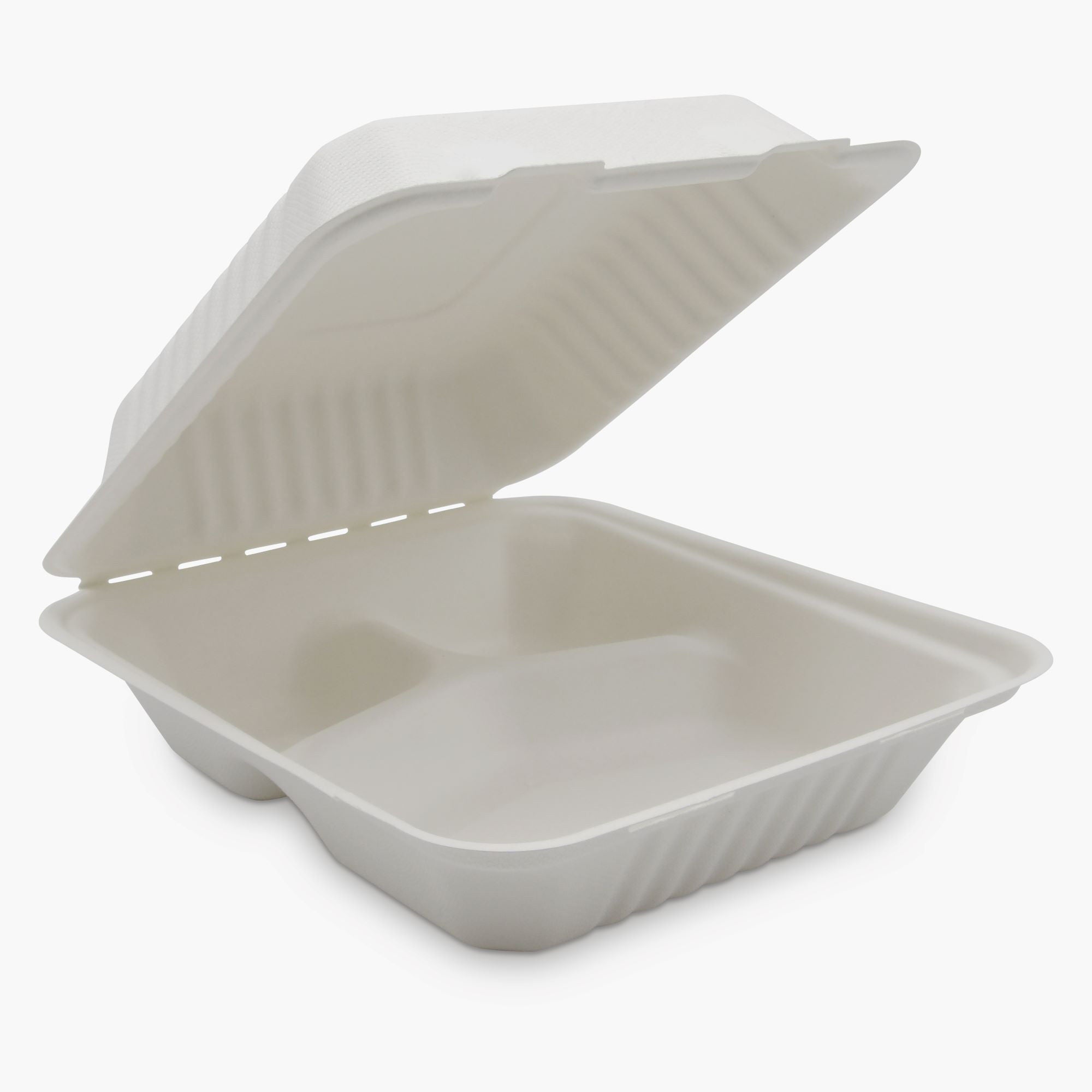 Medd Max LLC - B036 3-C 3 Compartment Clamshell Food Container Medd Max LLC 8 X 8 Inch White Compostable Bagasse