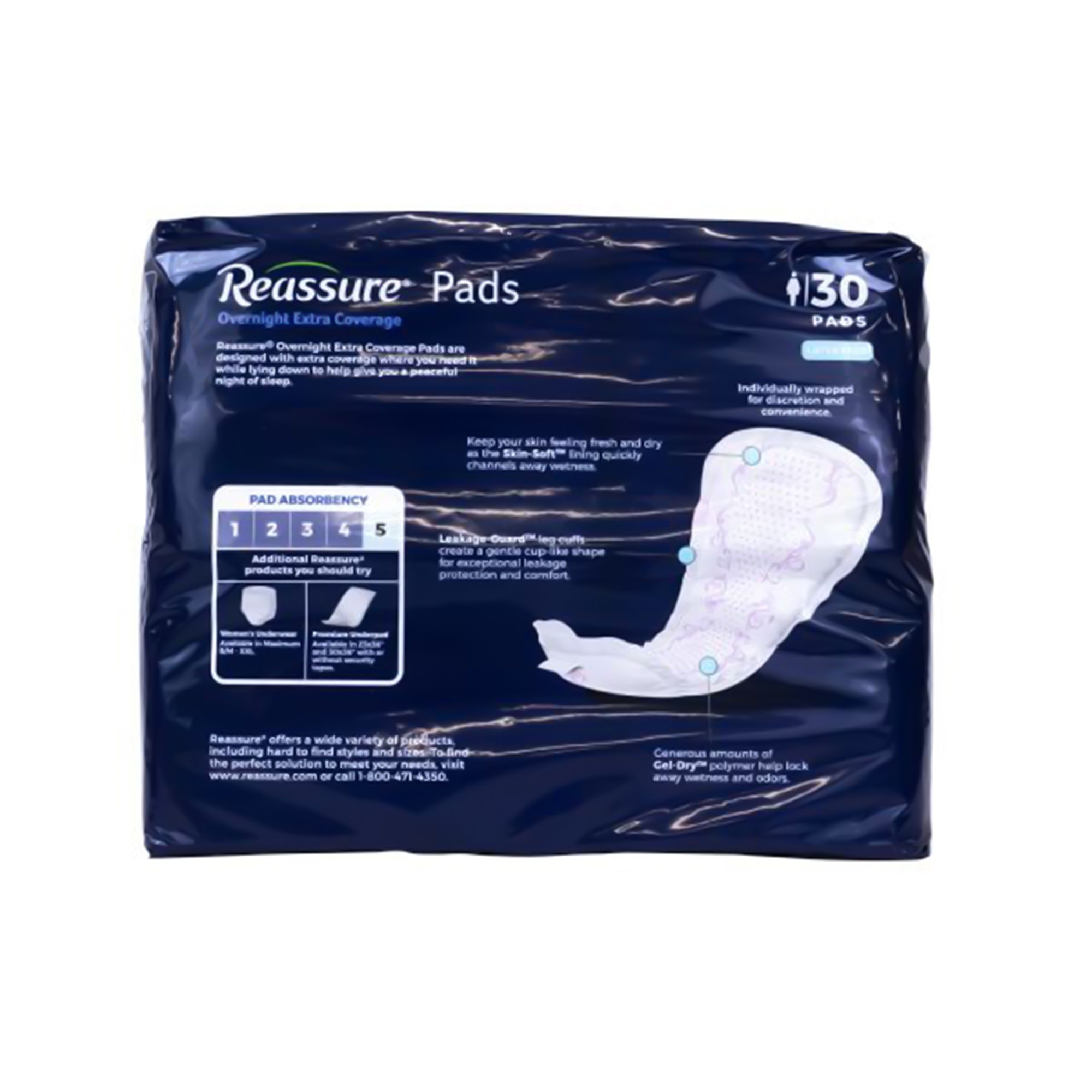 Attends Healthcare Products REA-0131 - Reassure® Overnight Extra Coverage Pads, 7.5 x 14.5 Inch, Heavy Absorbency - 30/Bag, 120/Case