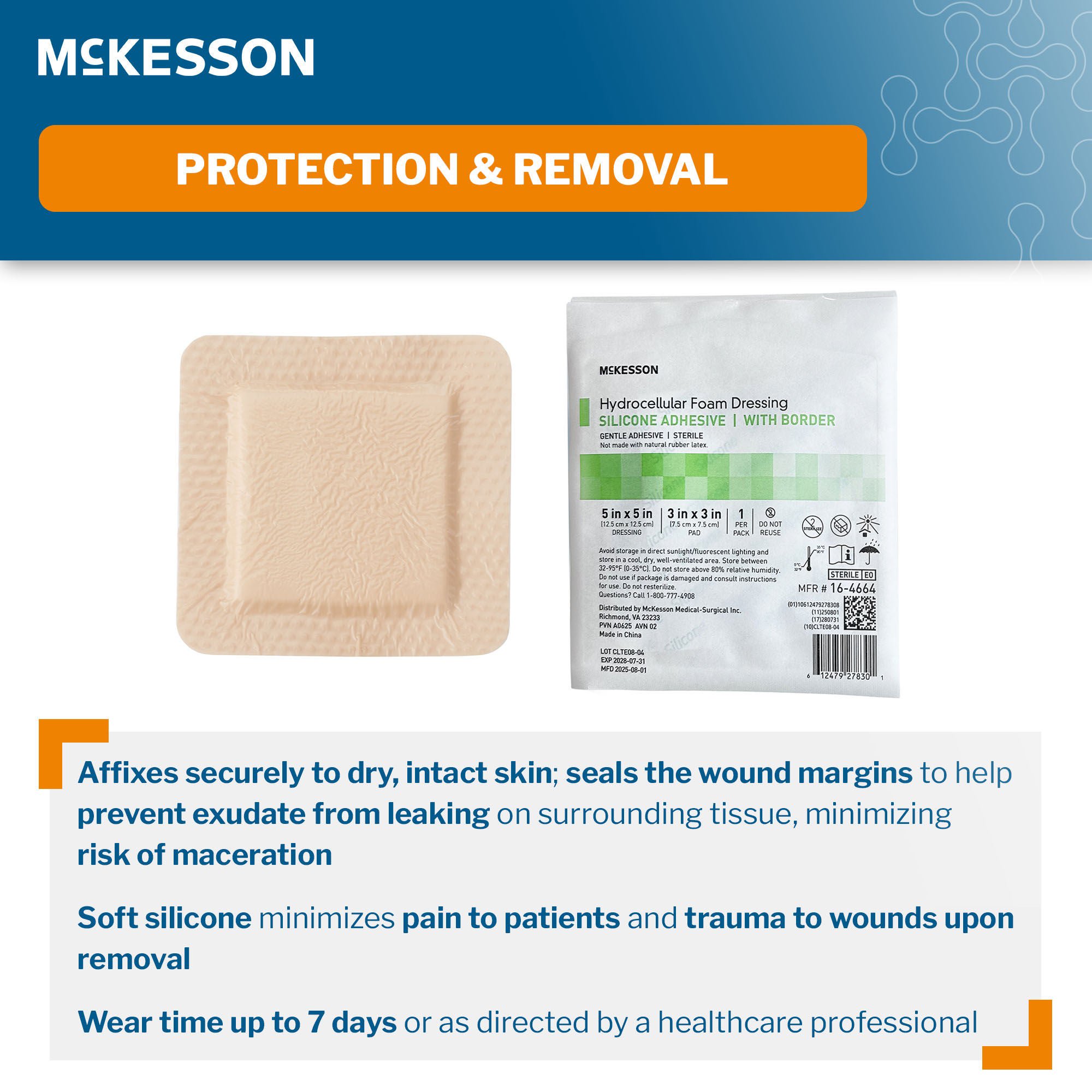 McKesson Brand - 16-4664 McKesson 5 x 5 Inch Five-Layer Hydrocellular Foam Dressing w/ 2 x 2 Inch Border