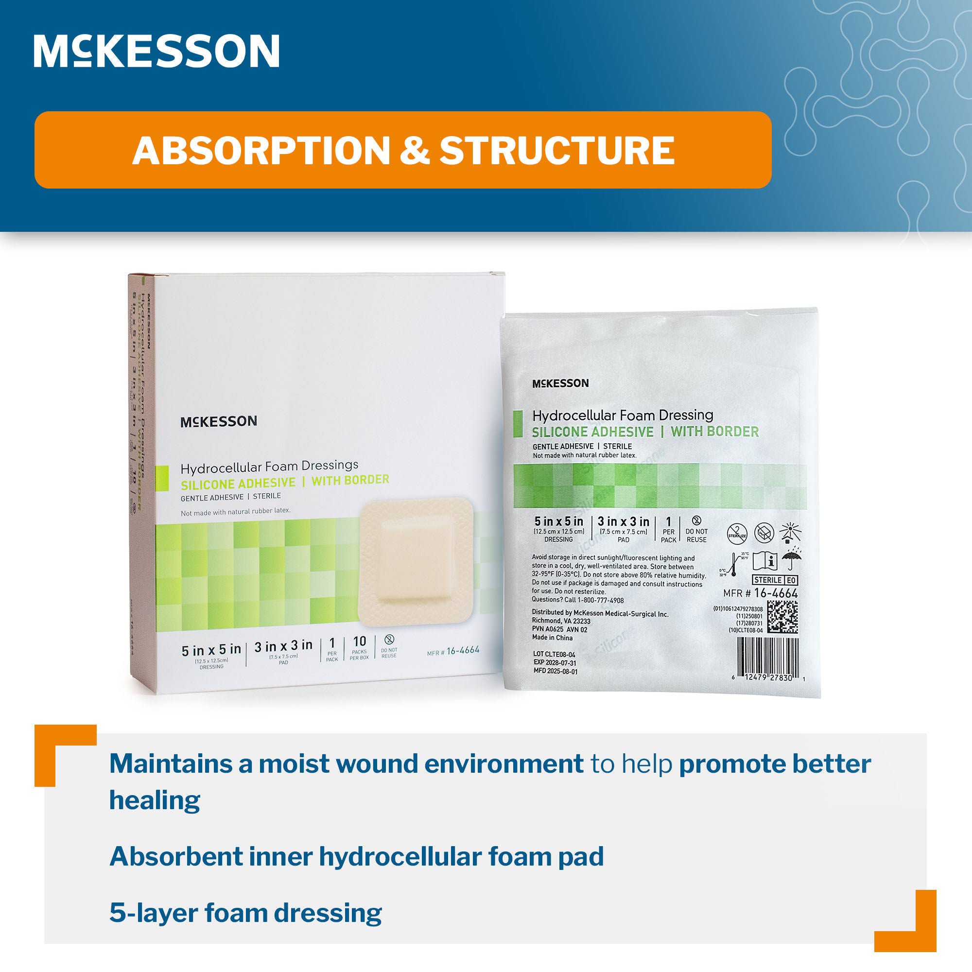 McKesson Brand - 16-4664 McKesson 5 x 5 Inch Five-Layer Hydrocellular Foam Dressing w/ 2 x 2 Inch Border