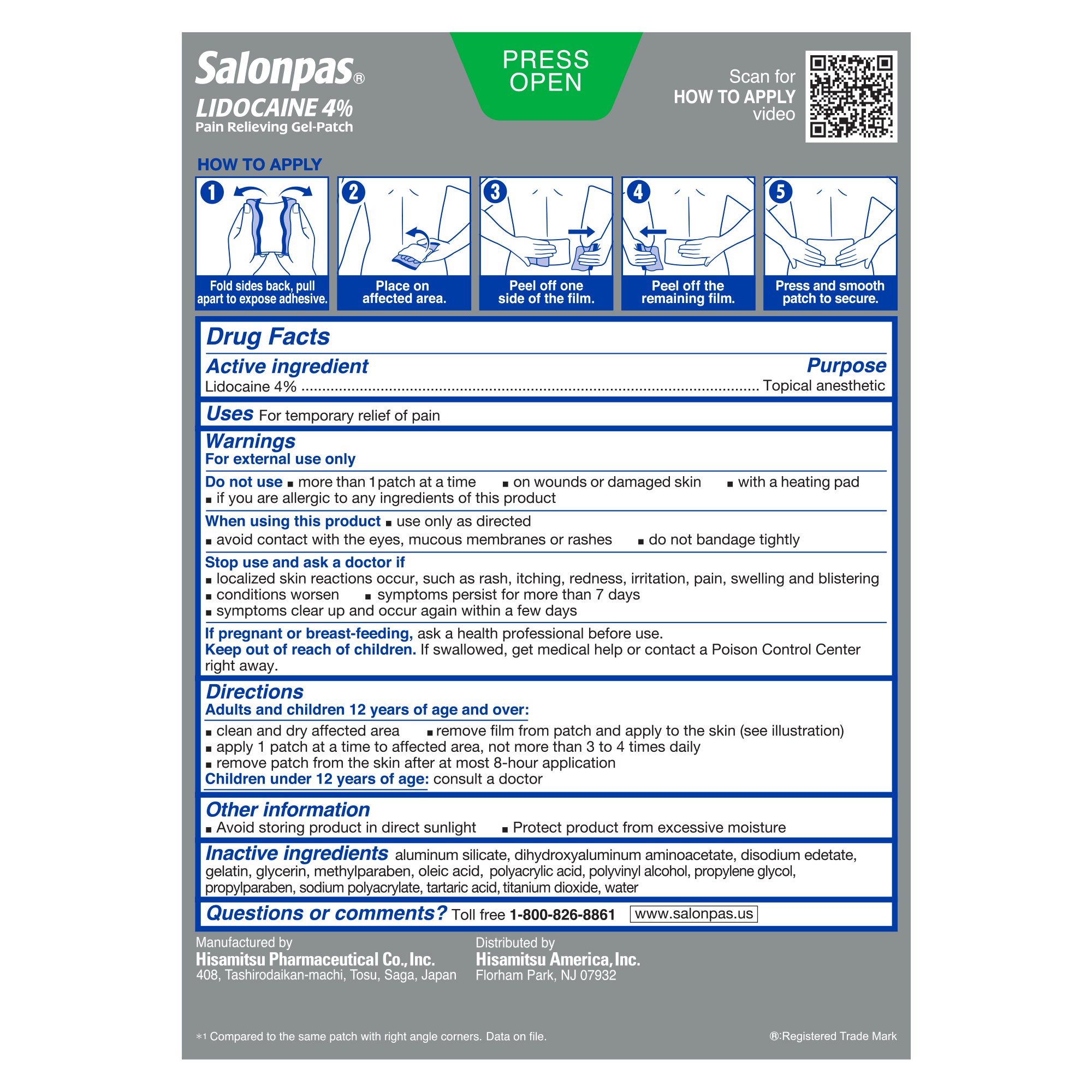Emerson Healthcare LC-836 - Salonpas® Lidocaine 4% Pain Relieving Gel-Patches Maximum Strength - 3/Pack, 36/Case
