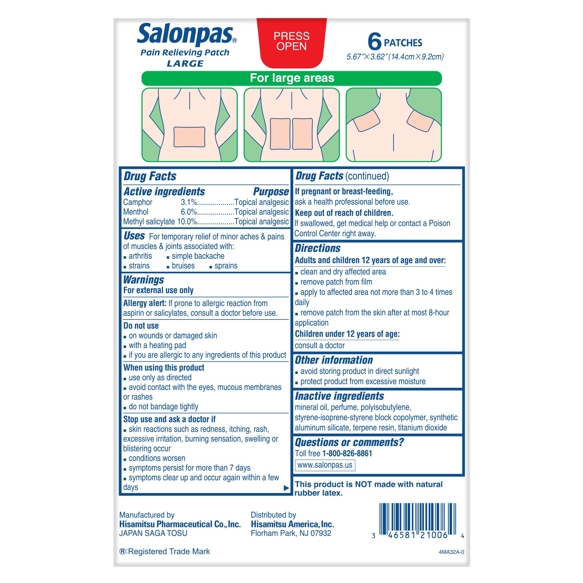 Emerson Healthcare NHP-006 - Salonpas® Pain Relieving Patches Large - 6/Pack, 72/Case