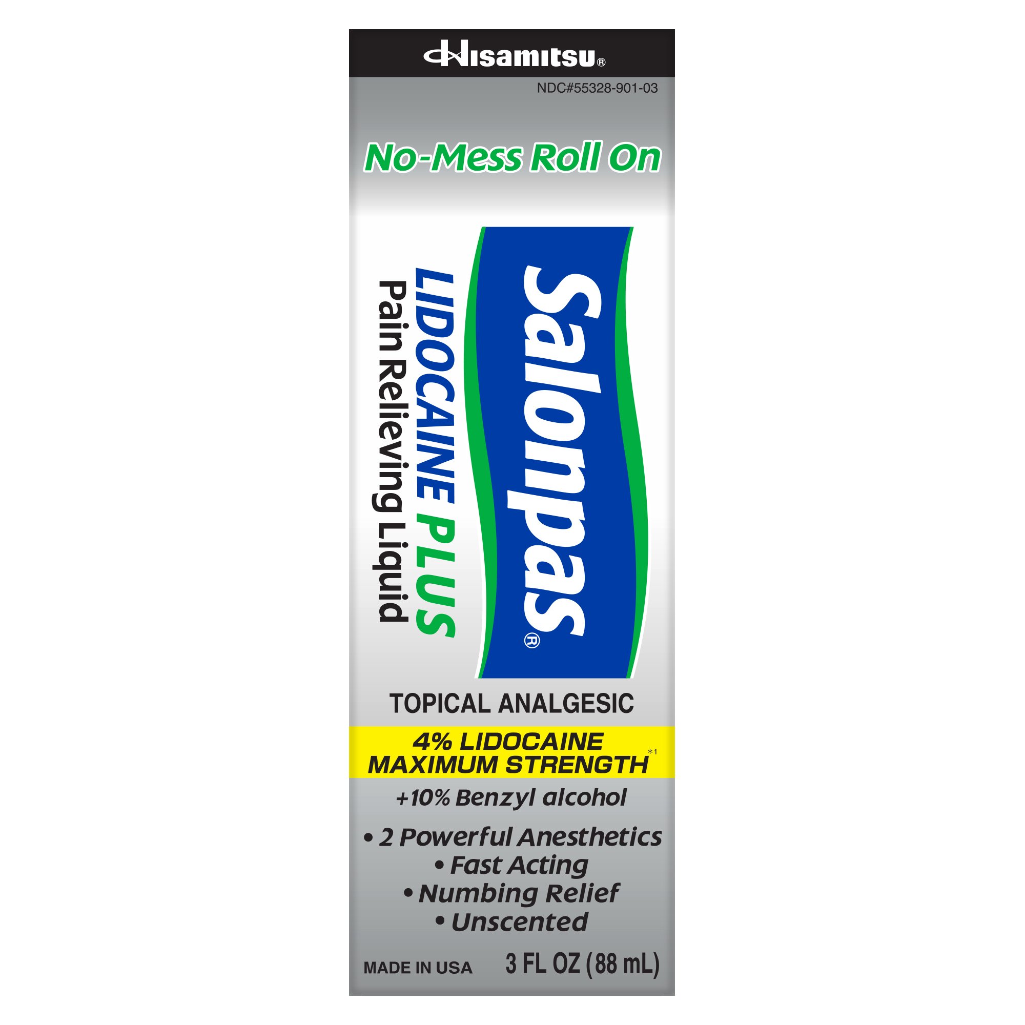 Emerson Healthcare HA-103 - Salonpas Lidocaine 4% Plus Pain Relieving Liquid No-Mess Roll On, 3 ounces - 3/Pack, 36/Case