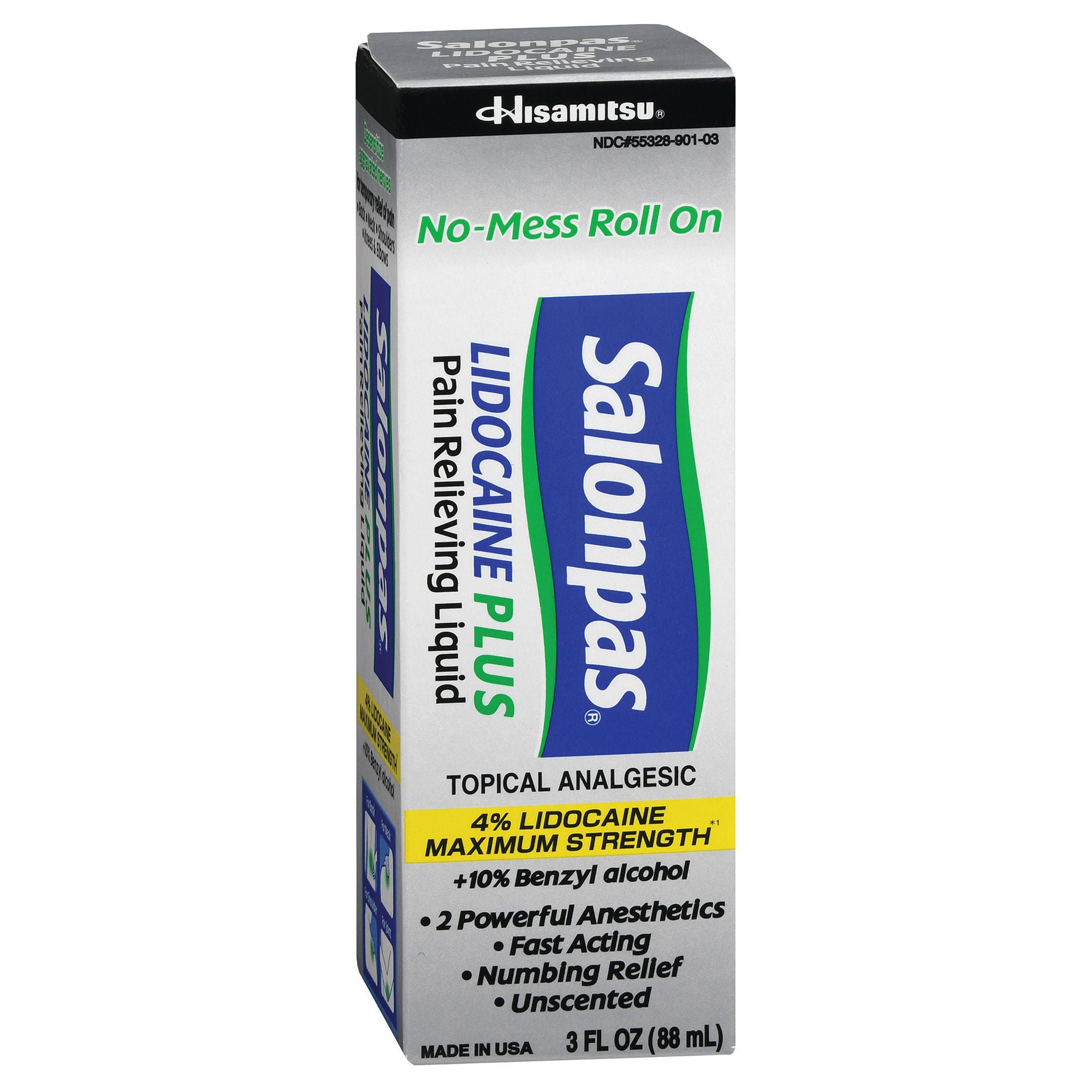 Emerson Healthcare - HA-103 Salonpas Lidocaine 4% Plus Pain Relieving Liquid No-Mess Roll On