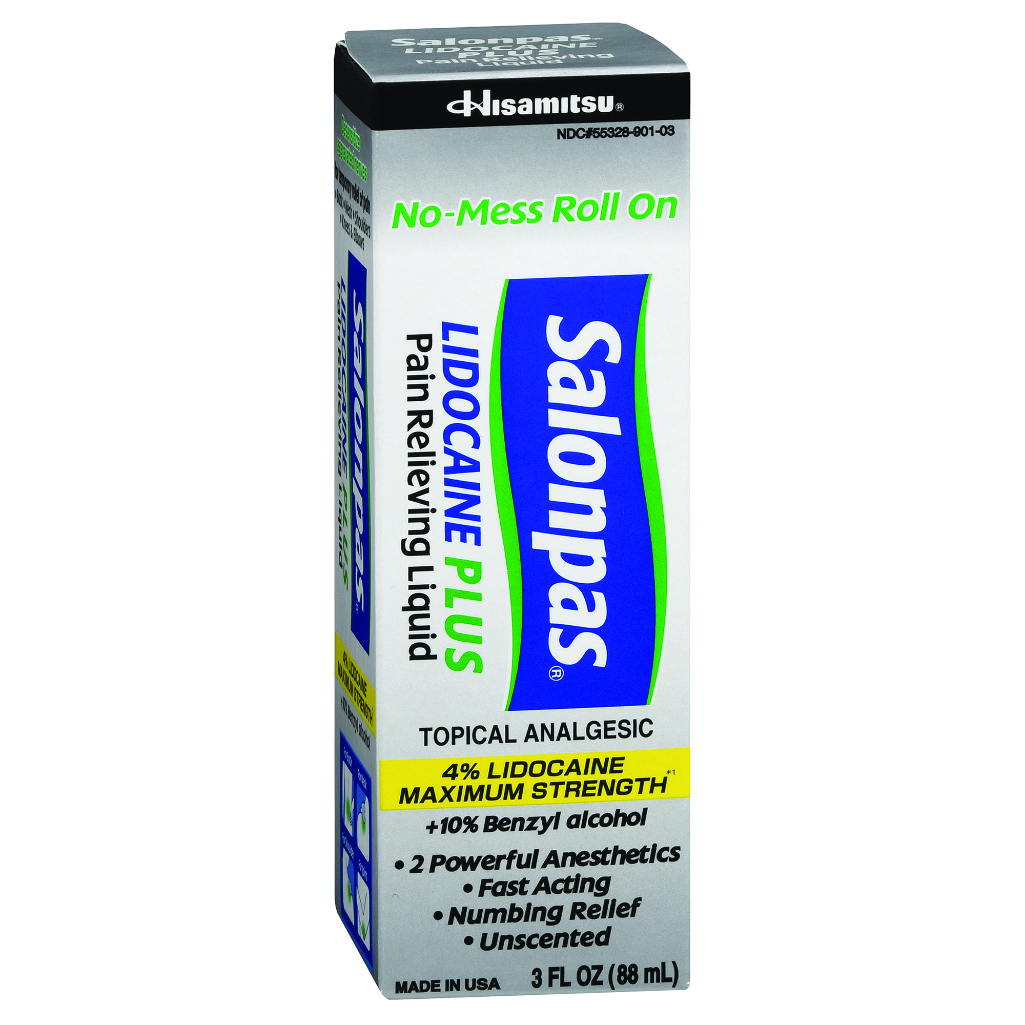 Emerson Healthcare HA-103 - Salonpas Lidocaine 4% Plus Pain Relieving Liquid No-Mess Roll On, 3 ounces - 3/Pack, 36/Case