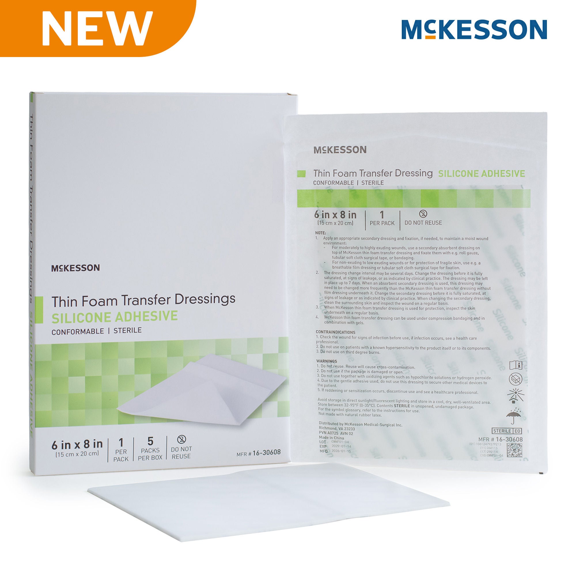 McKesson Brand - 16-30608 Thin Foam Transfer Dressing McKesson 6 X 8 Inch Without Border Film Backing Silicone Adhesive Rectangle Sterile