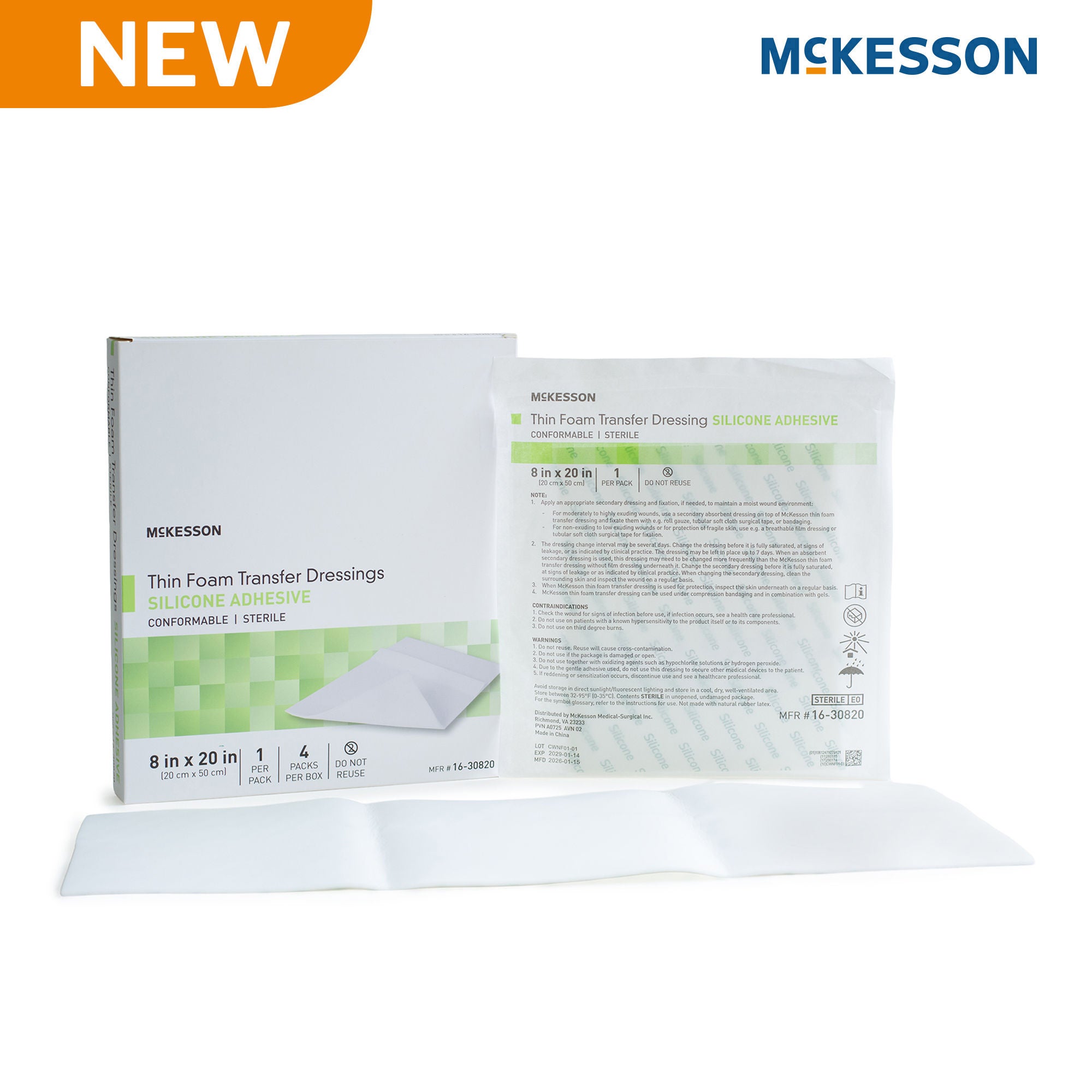 McKesson Brand - 16-30820 Thin Foam Transfer Dressing McKesson 8 X 20 Inch Without Border Film Backing Silicone Adhesive Rectangle Sterile