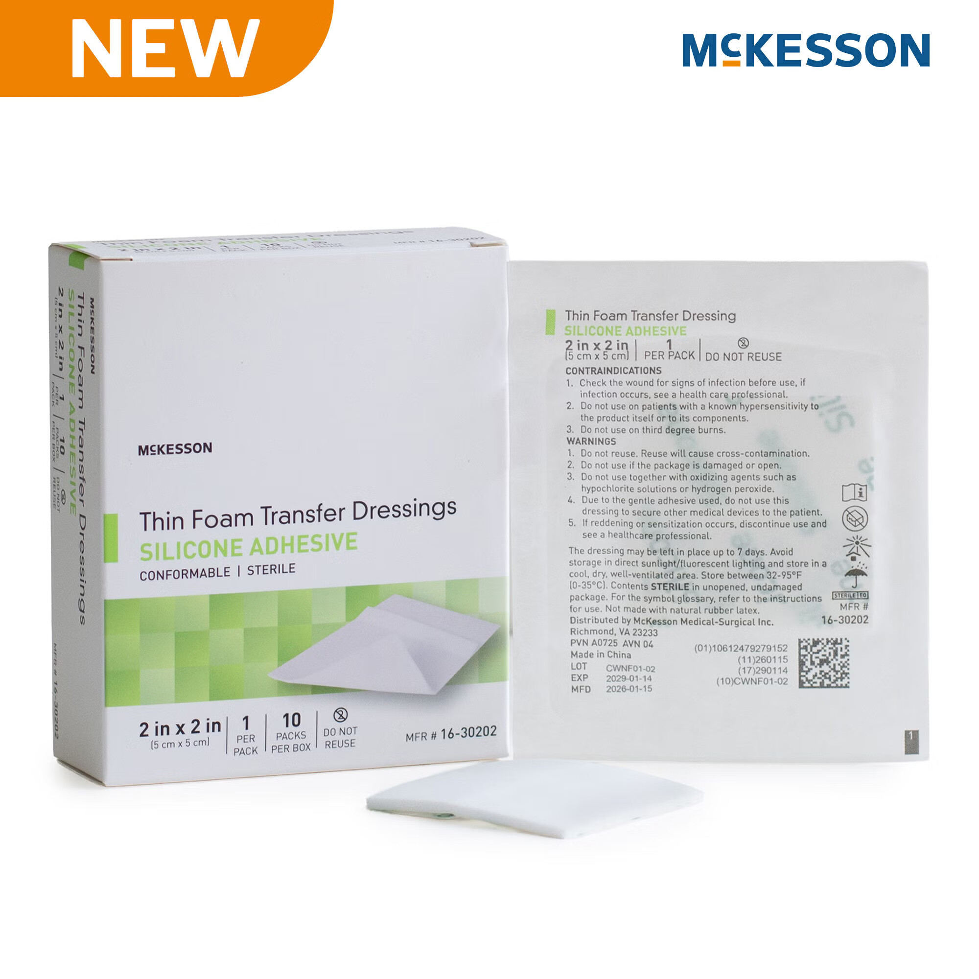 McKesson Brand - 16-30202 Thin Foam Transfer Dressing McKesson 2 X 2 Inch Without Border Film Backing Silicone Adhesive Square Sterile