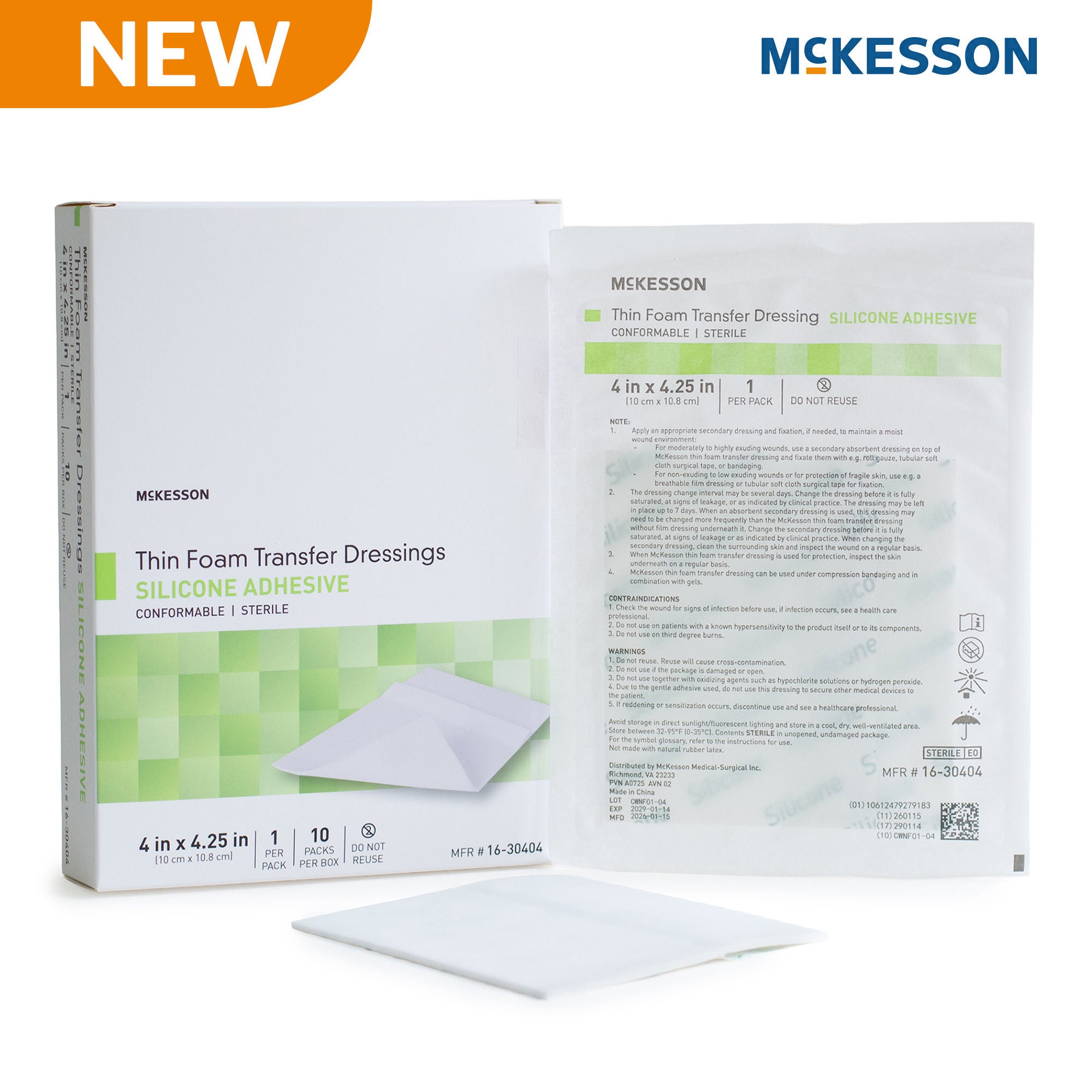 McKesson Brand - 16-30404 Thin Foam Transfer Dressing McKesson 4 X 4-1/4 Inch Without Border Film Backing Silicone Adhesive Rectangle Sterile