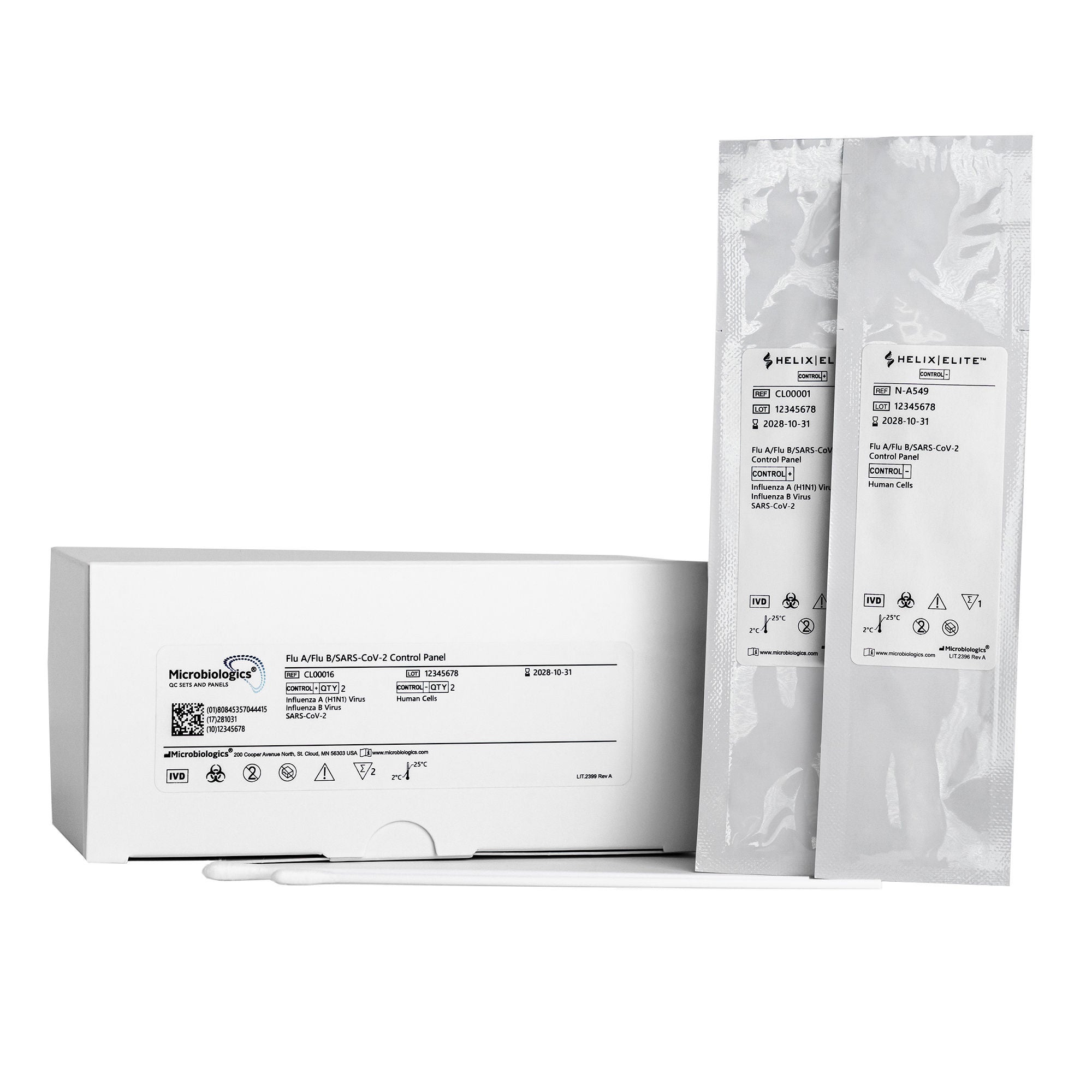 Microbiologics Inc - CL00016 Molecular Control Panel Helix Elite™ Flu A+B / SARS-CoV-2 Positive Level / Negative Level 4 Swabs