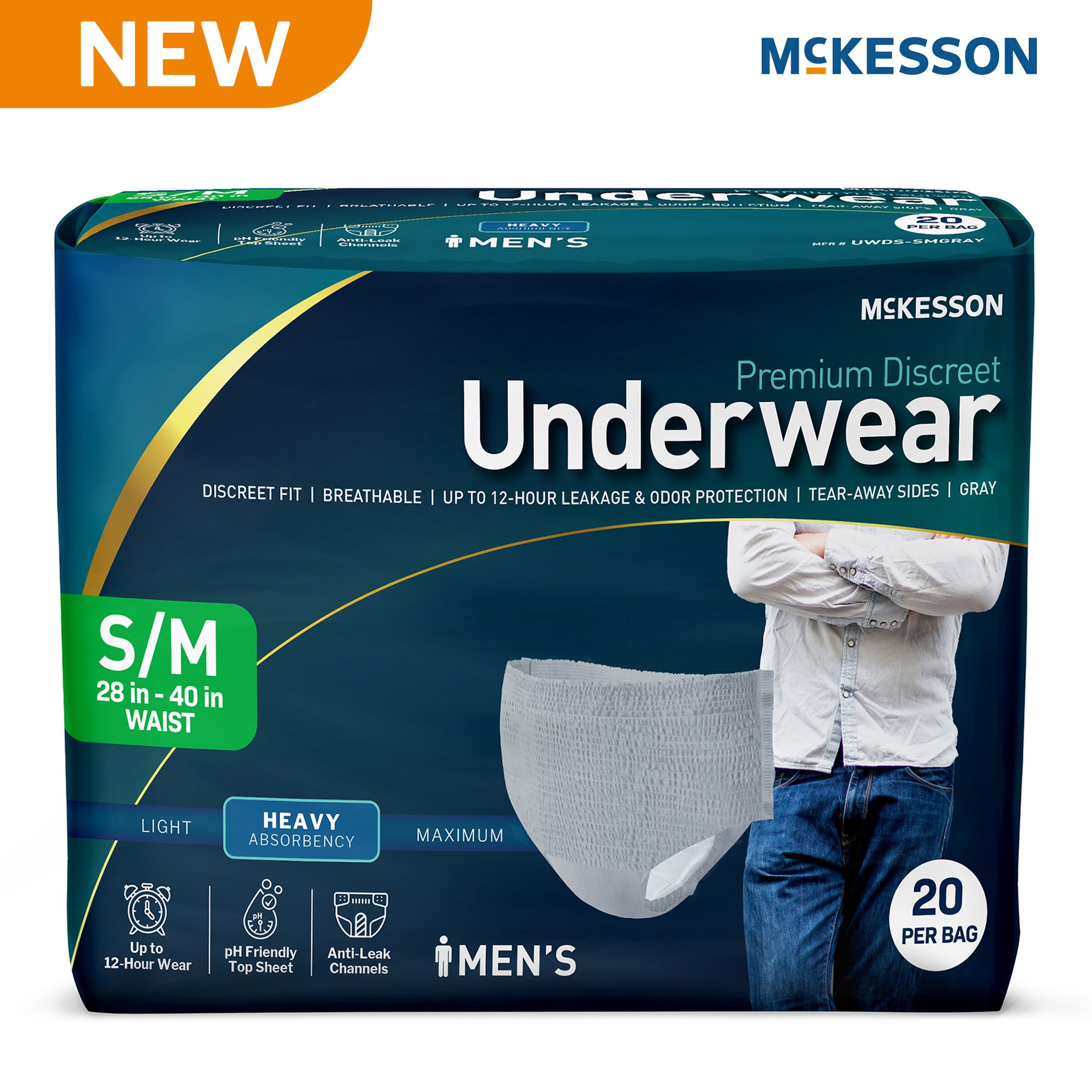 McKesson Brand UWDS-SMGRAY - McKesson Premium Discreet Underwear for Men, Heavy Absorbency, Small/Medium - 20/Bag, 80/Case