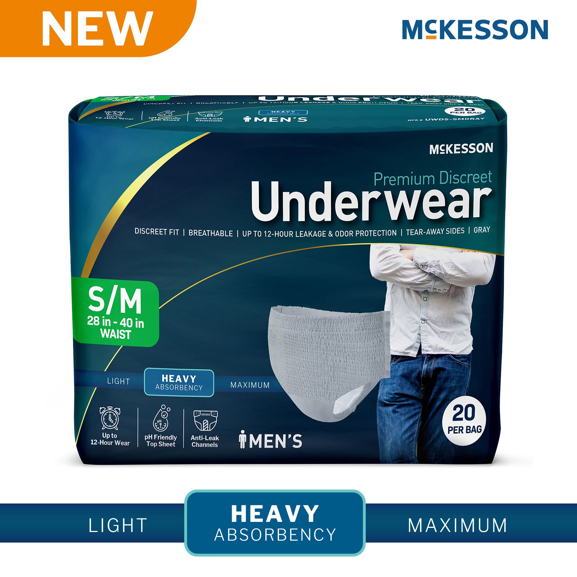 McKesson Brand UWDS-SMGRAY - McKesson Premium Discreet Underwear for Men, Heavy Absorbency, Small/Medium - 20/Bag, 80/Case