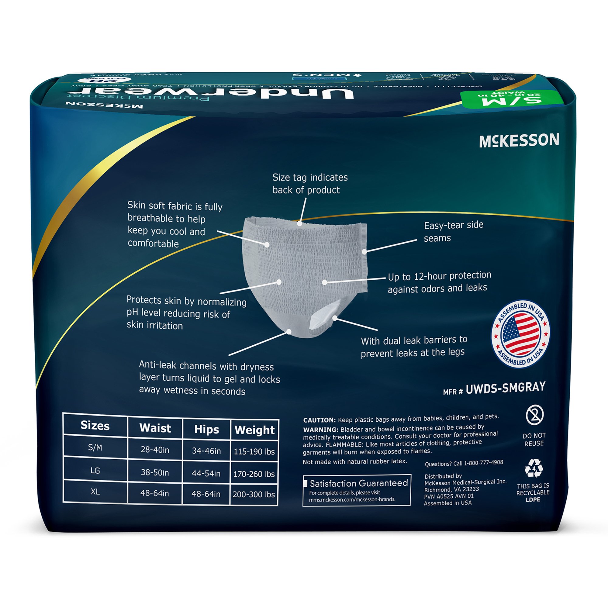McKesson Brand UWDS-SMGRAY - McKesson Premium Discreet Underwear for Men, Heavy Absorbency, Small/Medium - 20/Bag, 80/Case