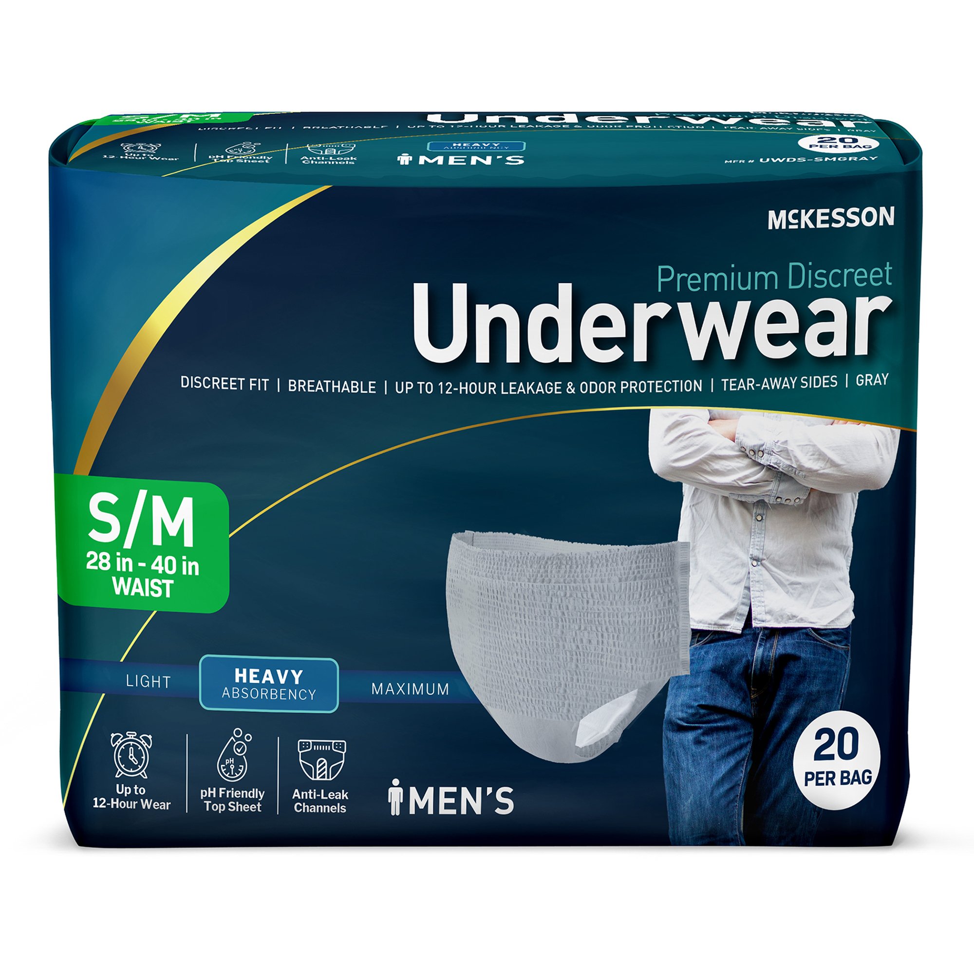 McKesson Brand UWDS-SMGRAY - McKesson Premium Discreet Underwear for Men, Heavy Absorbency, Small/Medium - 20/Bag, 80/Case