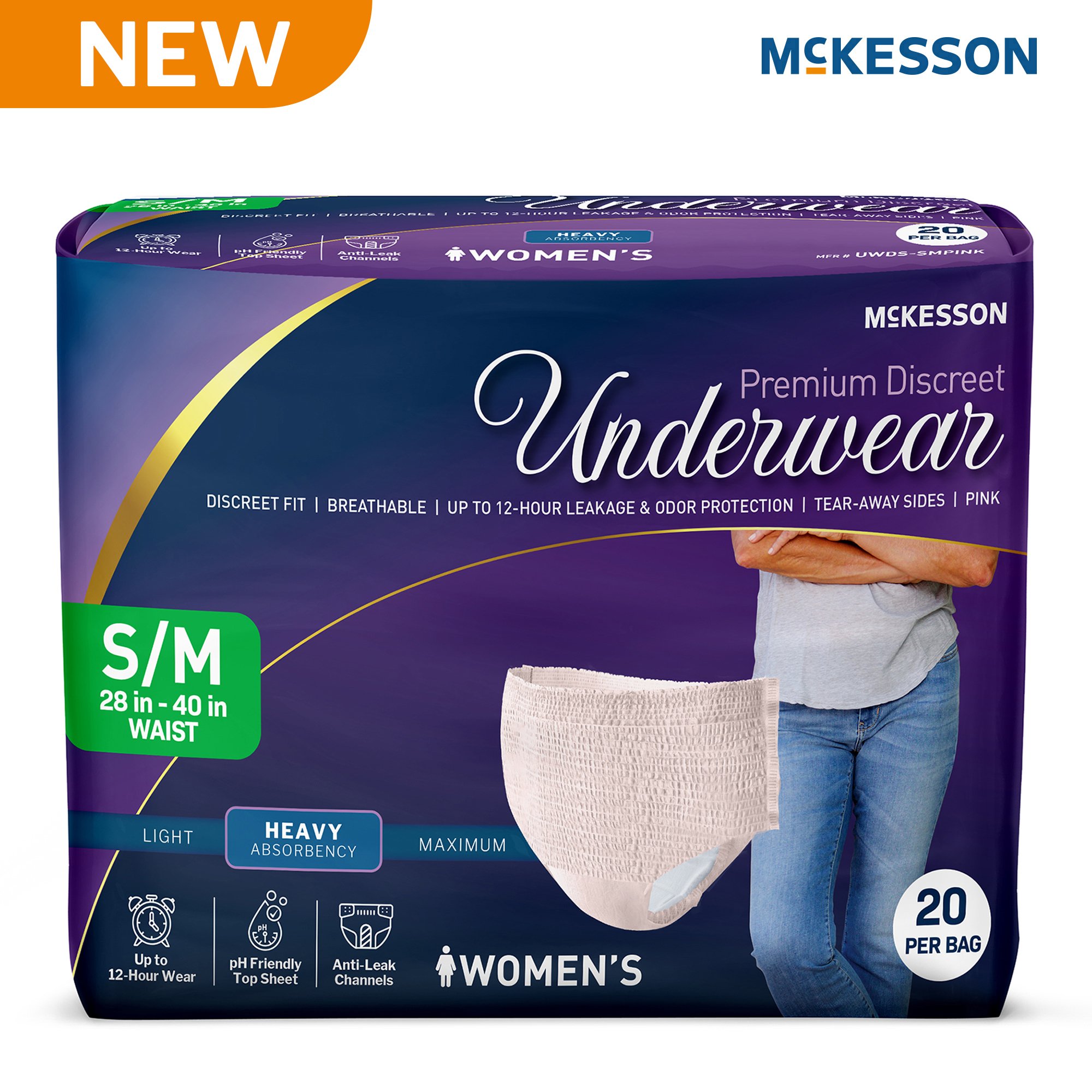 McKesson Brand UWDS-SMPINK - McKesson Premium Discreet Underwear for Women, Heavy Absorbency, Small/Medium - 20/Bag, 80/Case