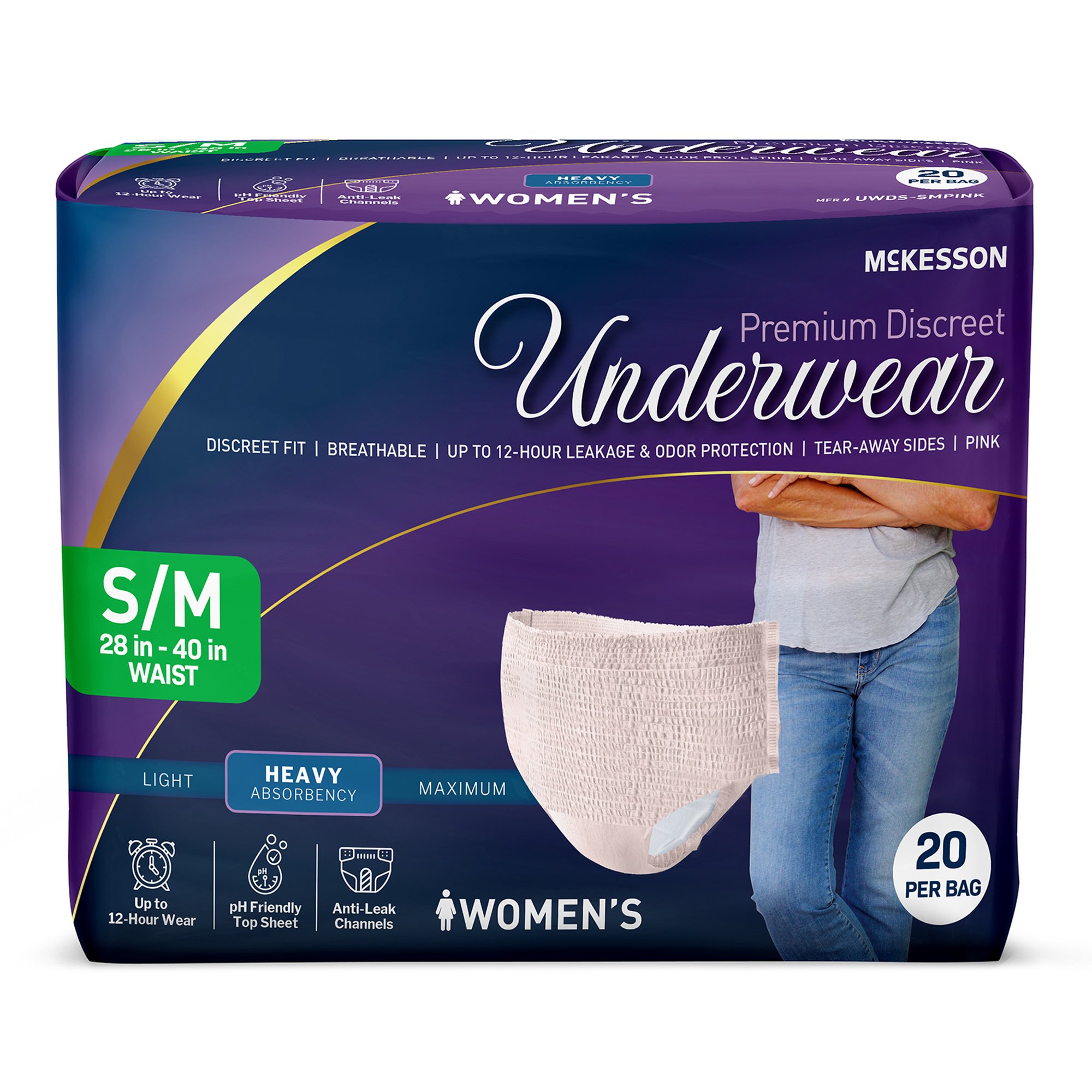 McKesson Brand UWDS-SMPINK - McKesson Premium Discreet Underwear for Women, Heavy Absorbency, Small/Medium - 20/Bag, 80/Case
