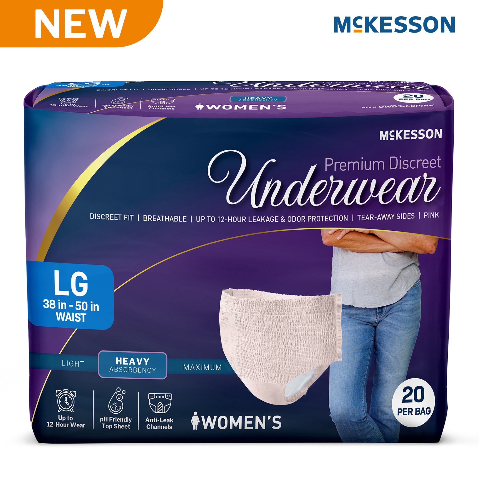 McKesson Brand UWDS-LGPINK - McKesson Premium Discreet Underwear for Women, Heavy Absorbency, Large - 20/Bag, 80/Case