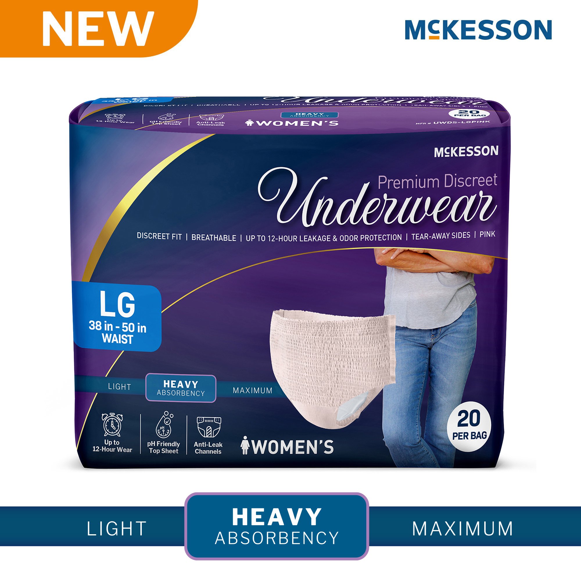 McKesson Brand UWDS-LGPINK - McKesson Premium Discreet Underwear for Women, Heavy Absorbency, Large - 20/Bag, 80/Case