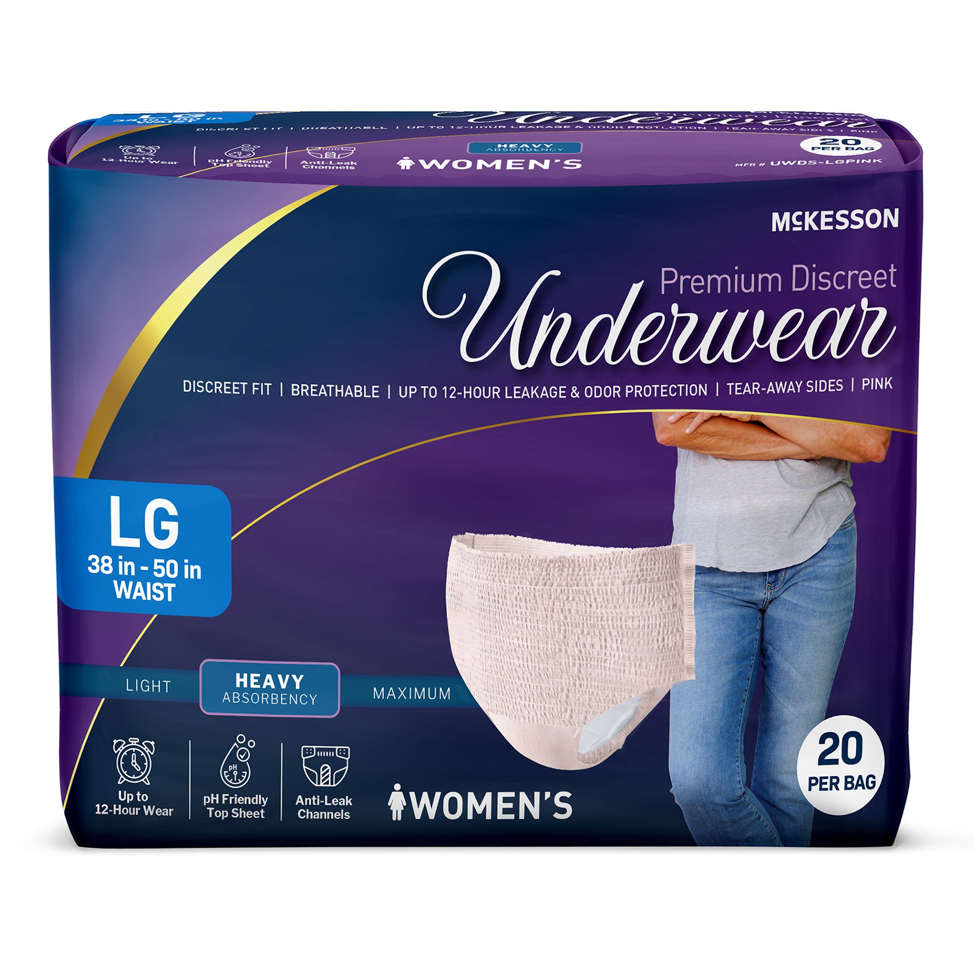 McKesson Brand UWDS-LGPINK - McKesson Premium Discreet Underwear for Women, Heavy Absorbency, Large - 20/Bag, 80/Case