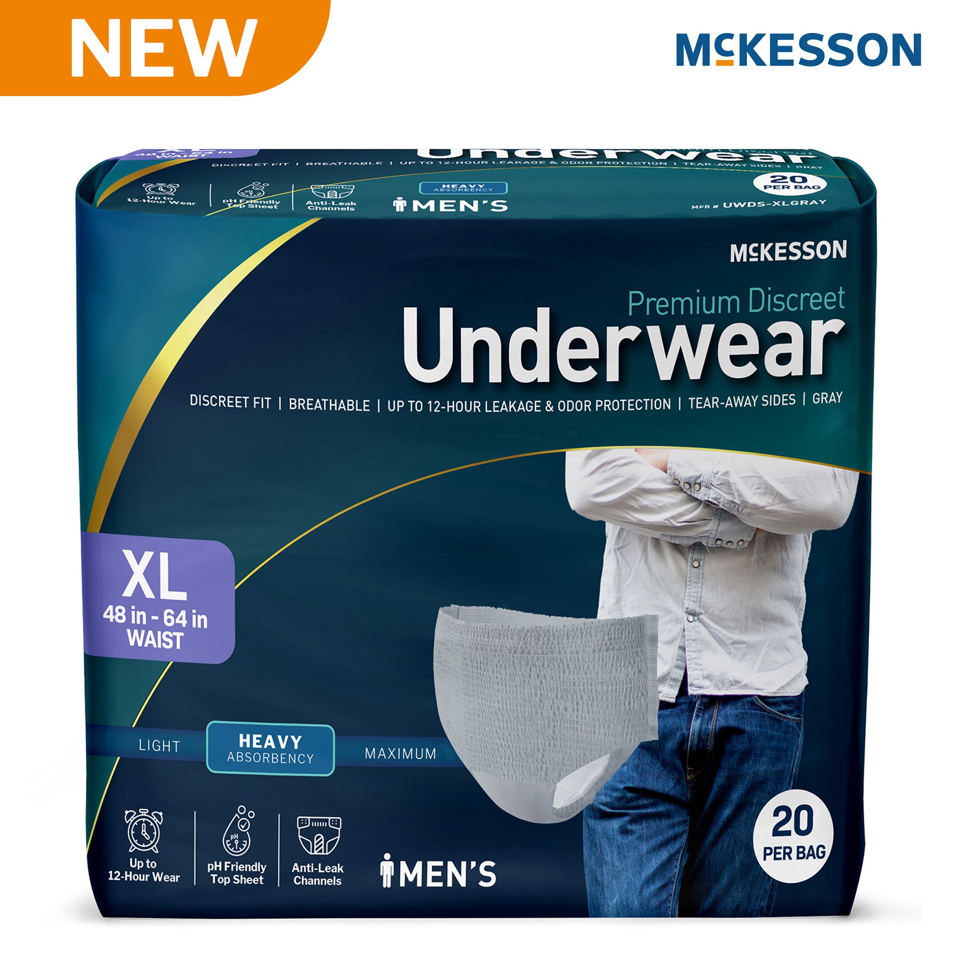 McKesson Brand UWDS-XLGRAY - McKesson Premium Discreet Underwear for Men, Heavy Absorbency, Extra Large - 20/Bag, 80/Case