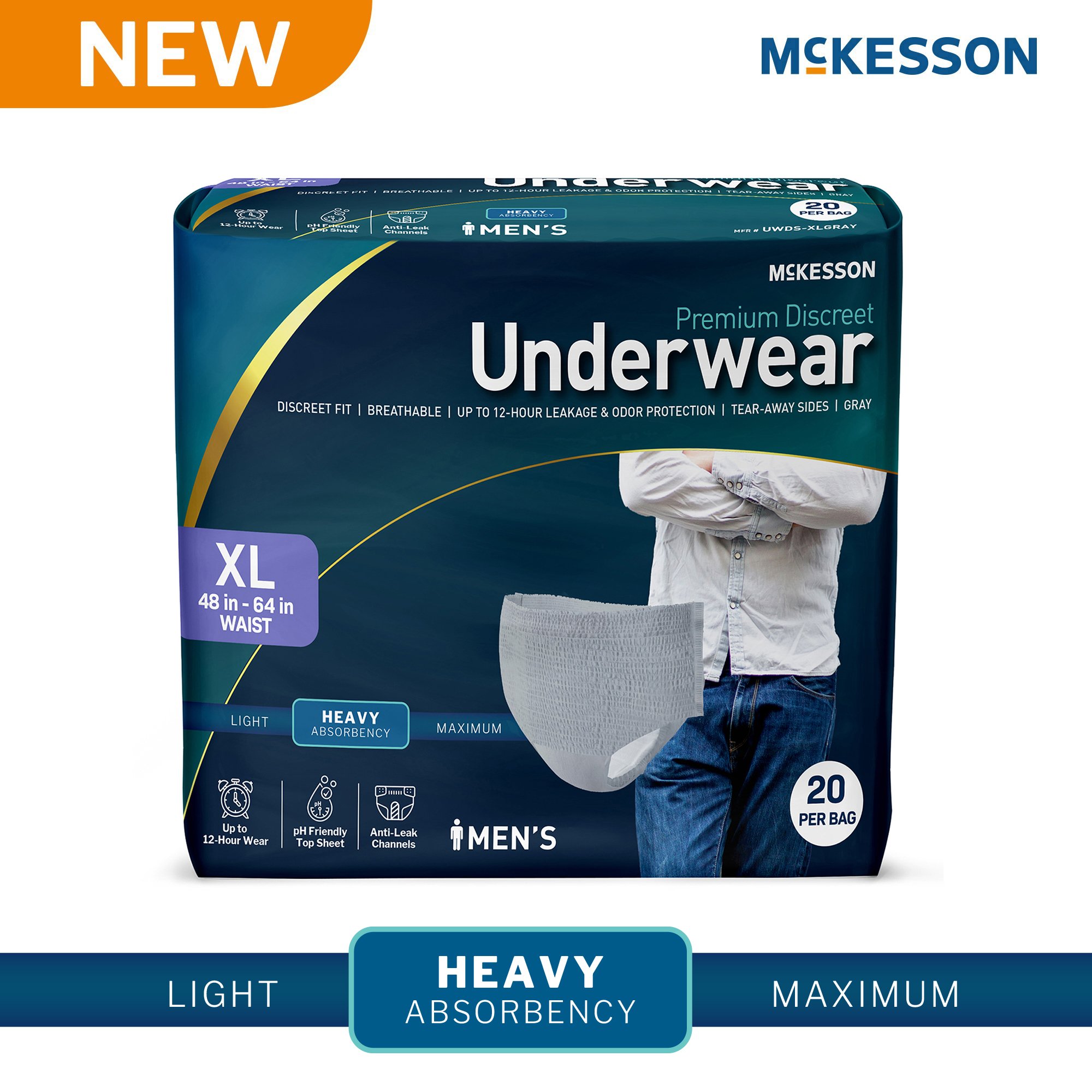 McKesson Brand UWDS-XLGRAY - McKesson Premium Discreet Underwear for Men, Heavy Absorbency, Extra Large - 20/Bag, 80/Case
