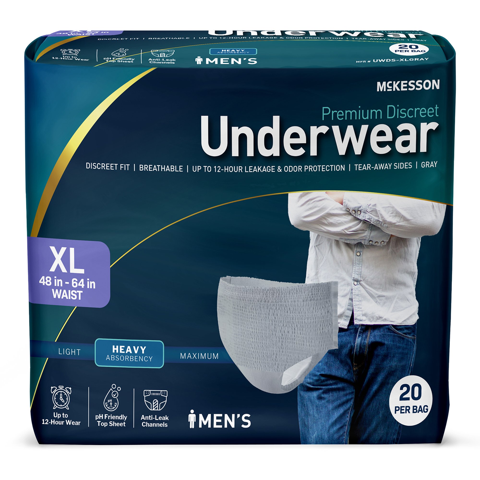 McKesson Brand UWDS-XLGRAY - McKesson Premium Discreet Underwear for Men, Heavy Absorbency, Extra Large - 20/Bag, 80/Case