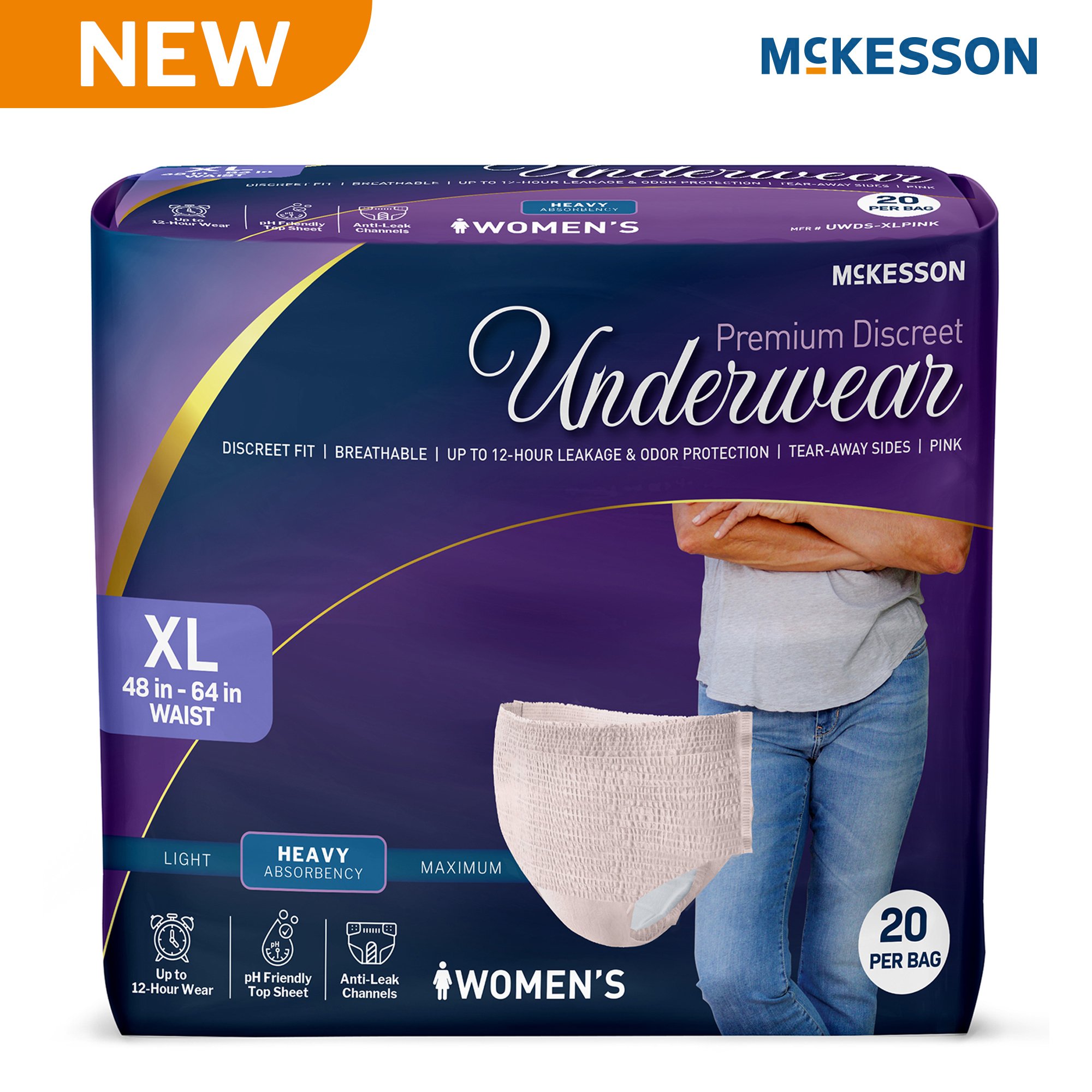 McKesson Brand UWDS-XLPINK - McKesson Premium Discreet Underwear for Women, Heavy Absorbency, Extra-Large - 20/Bag, 80/Case