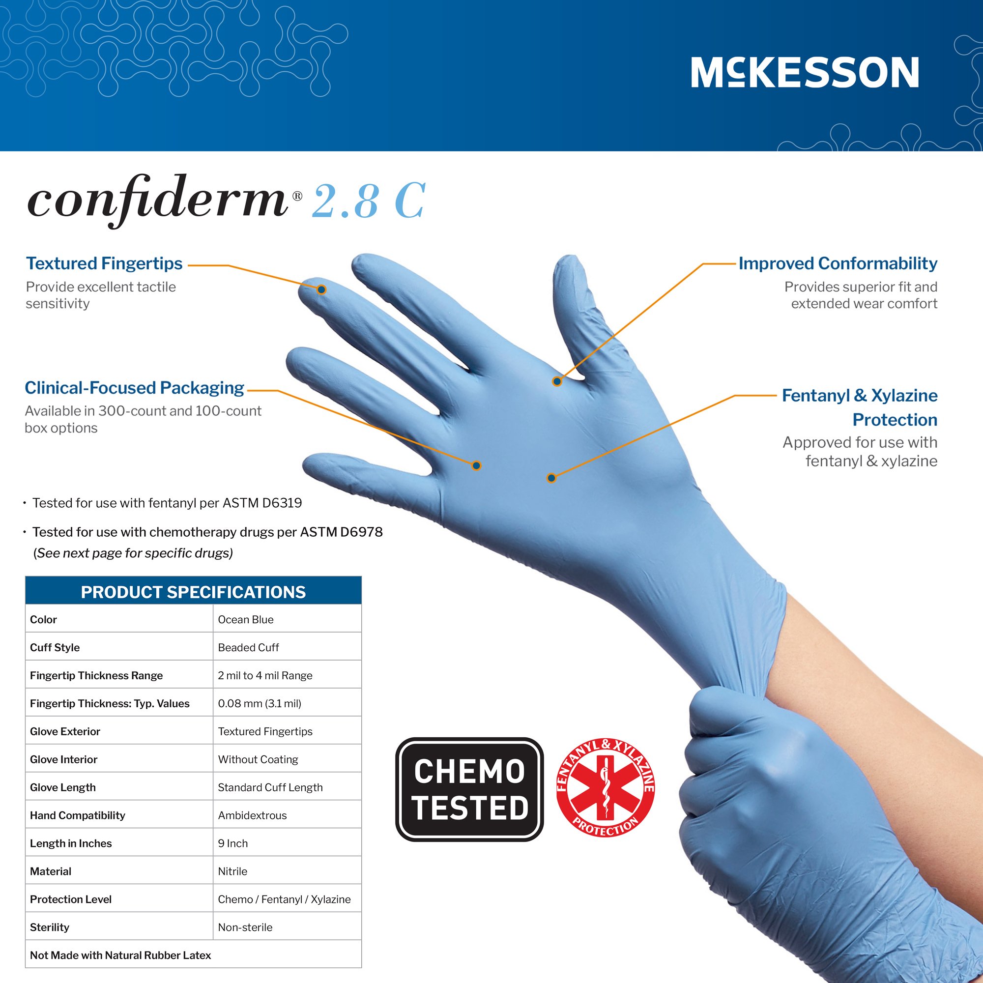 McKesson Brand 14-6N261C - McKesson Confiderm® 2.8C Nitrile Exam Gloves, Medium, Ocean Blue - 100/Box, 1000/Case
