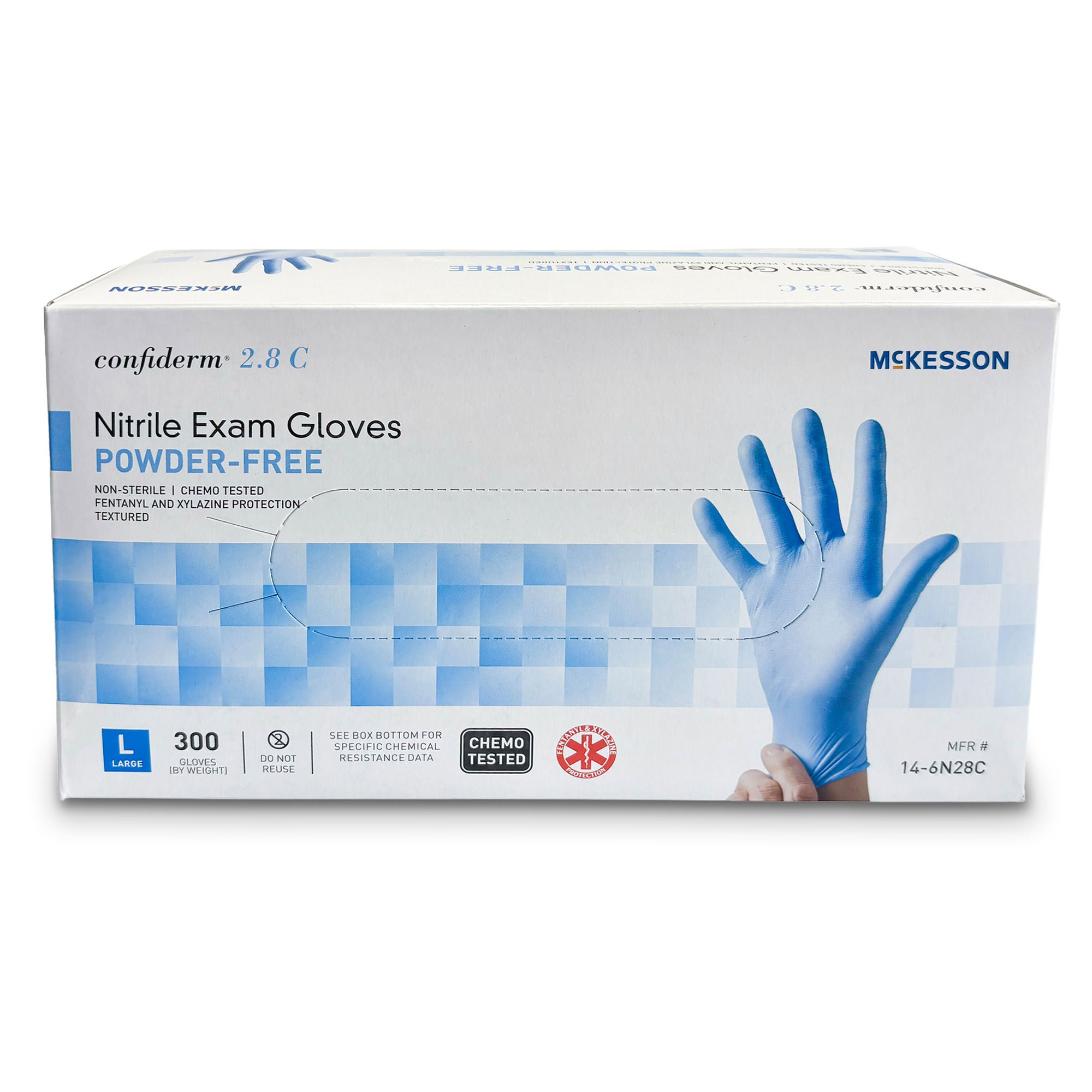 McKesson Brand - 14-6N28C Exam Glove McKesson Confiderm® 2.8 C Large 300 per Box NonSterile Nitrile Standard Cuff Length Textured Fingertips Ocean Blue Chemo Tested / Fentanyl Tested