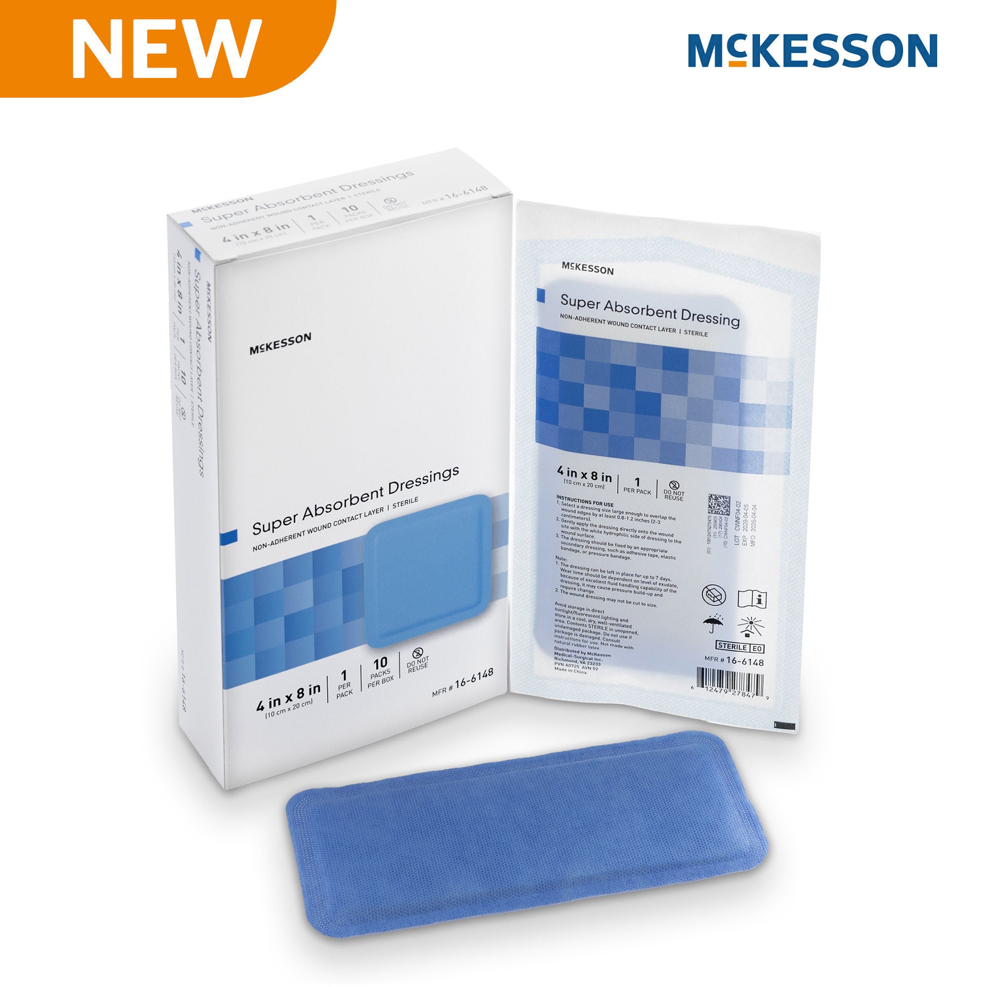 McKesson Brand - 16-6148 Super Absorbent Dressing McKesson Rectangle 4 X 8 Inch Without Border Sterile
