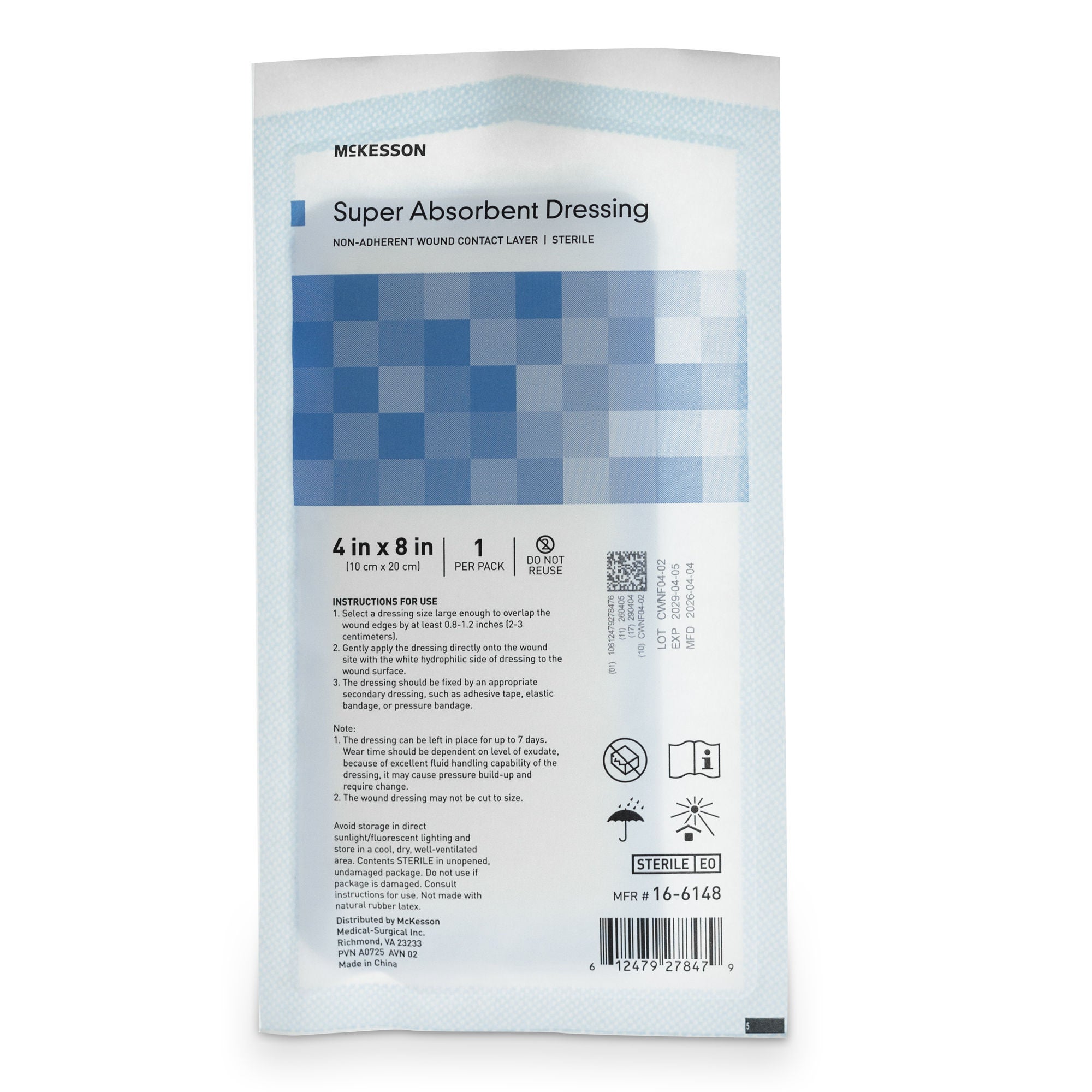 McKesson Brand - 16-6148 Super Absorbent Dressing McKesson Rectangle 4 X 8 Inch Without Border Sterile