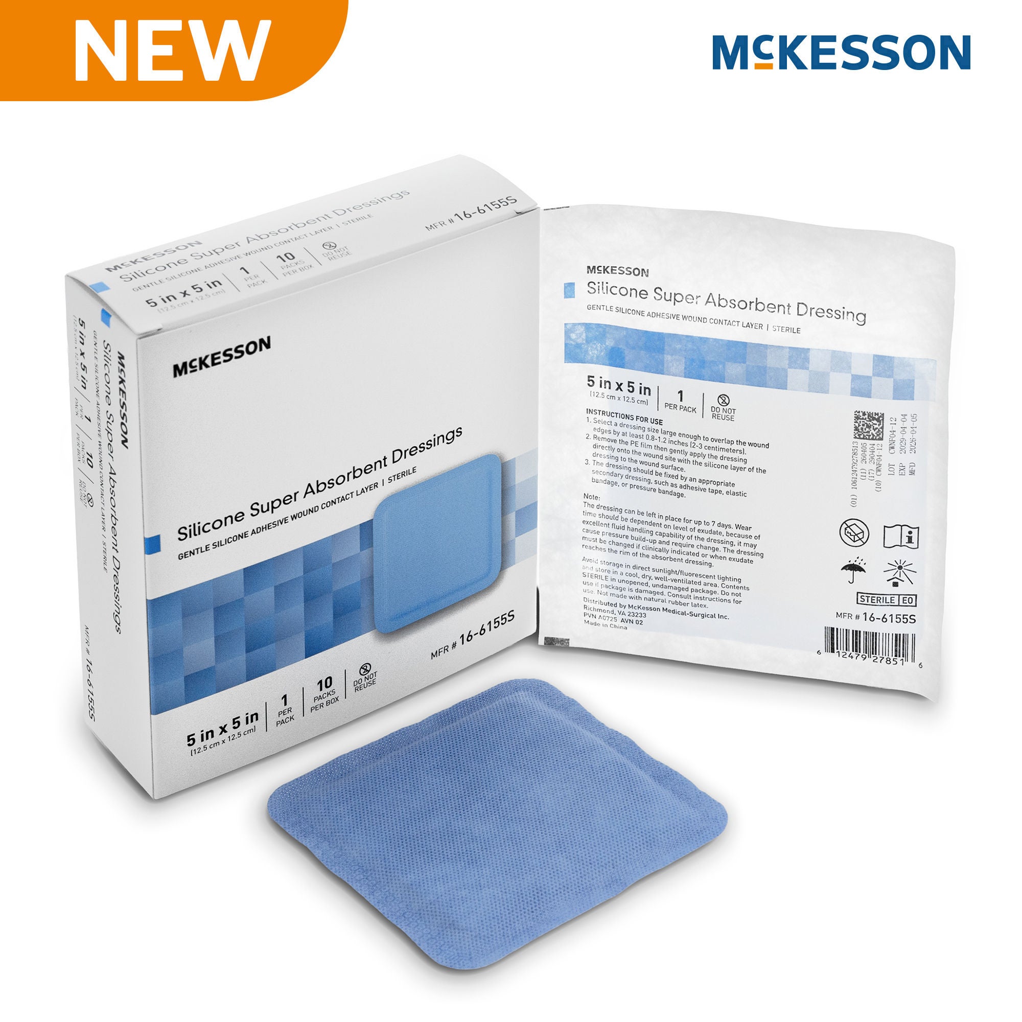 McKesson Brand - 16-6155S Super Absorbent Dressing McKesson Square 5 X 5 Inch Without Border Sterile