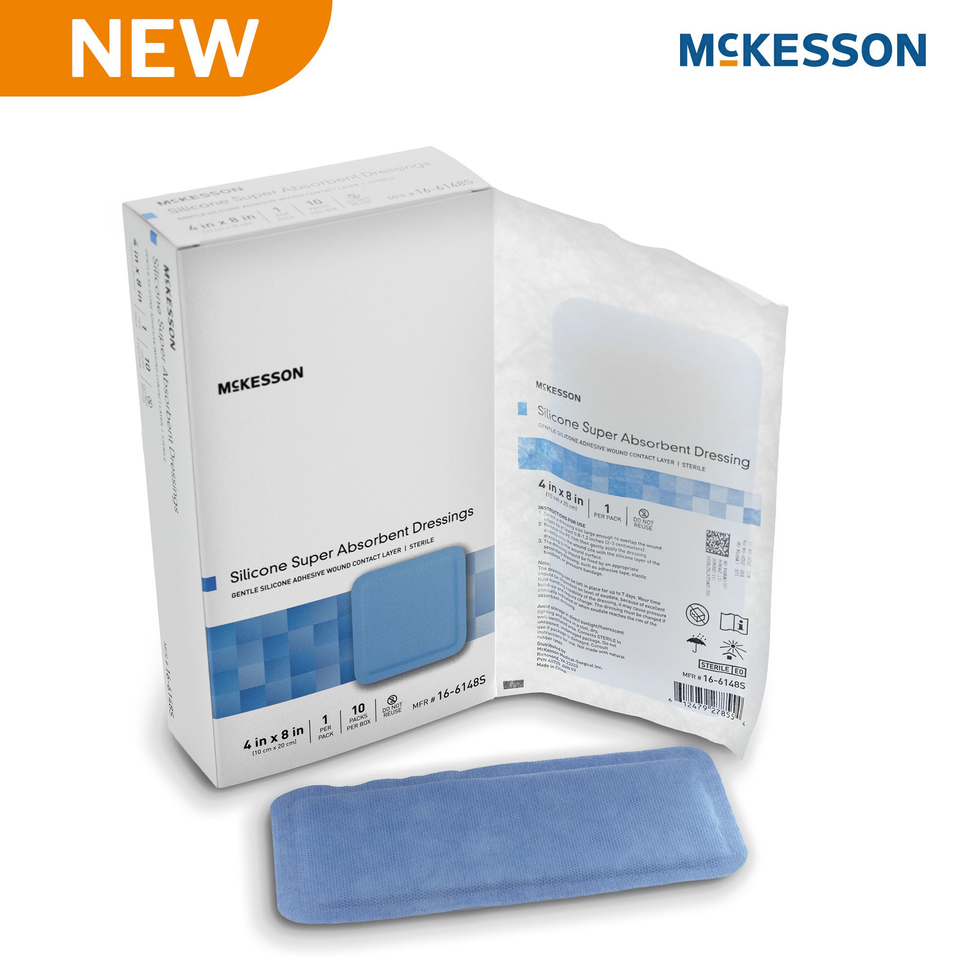McKesson Brand - 16-6148S Super Absorbent Dressing McKesson Rectangle 4 X 8 Inch Without Border Sterile