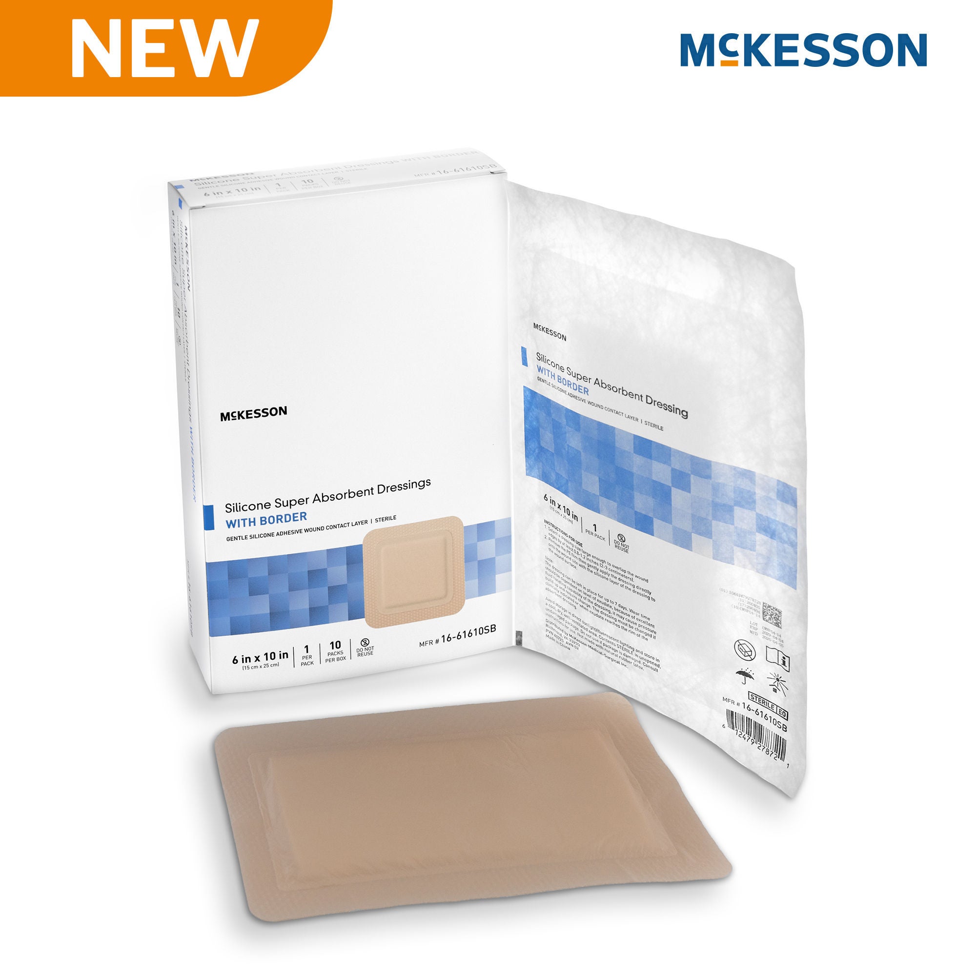 McKesson Brand - 16-61610SB Super Absorbent Dressing McKesson Rectangle 6 X 10 Inch With Border Sterile