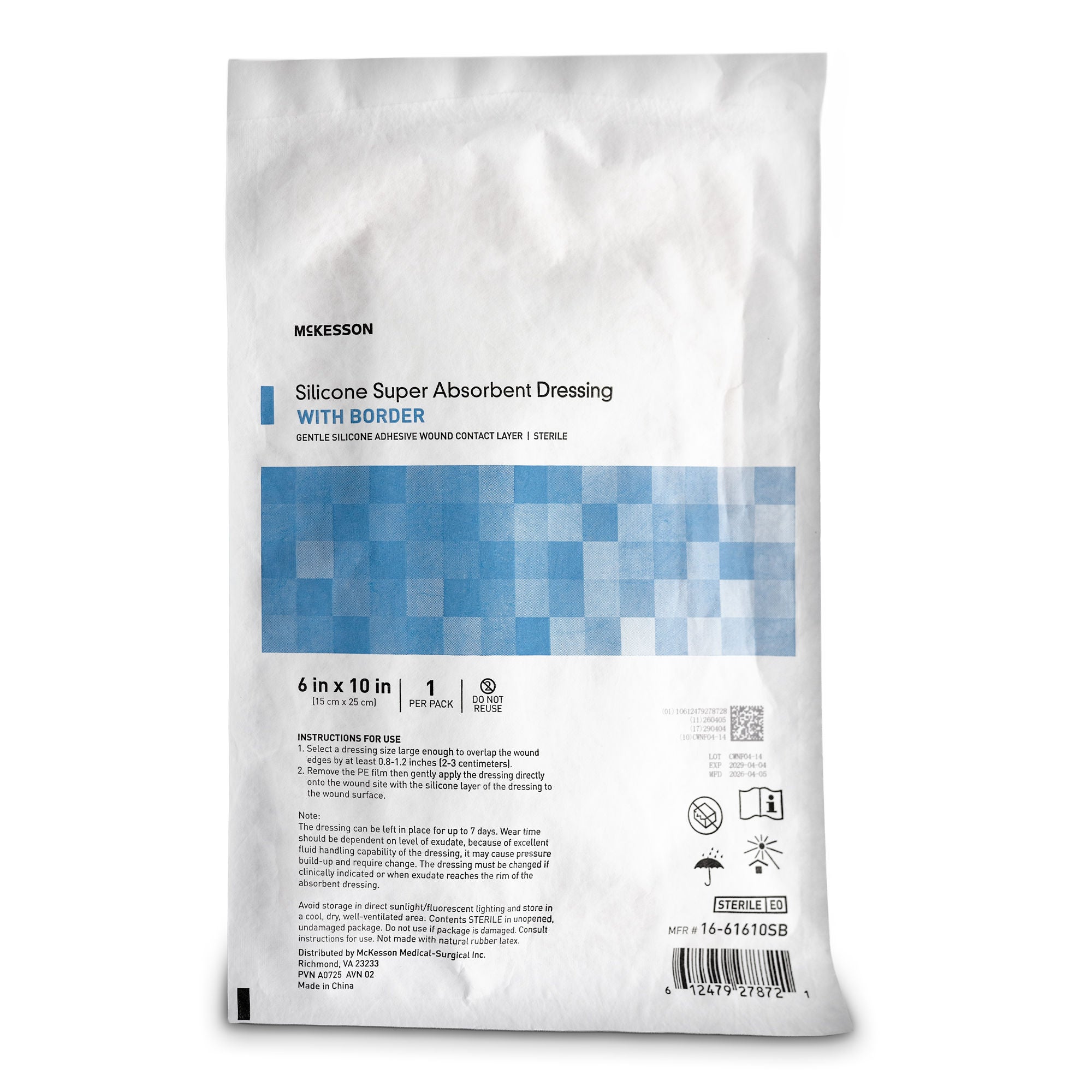 McKesson Brand - 16-61610SB Super Absorbent Dressing McKesson Rectangle 6 X 10 Inch With Border Sterile