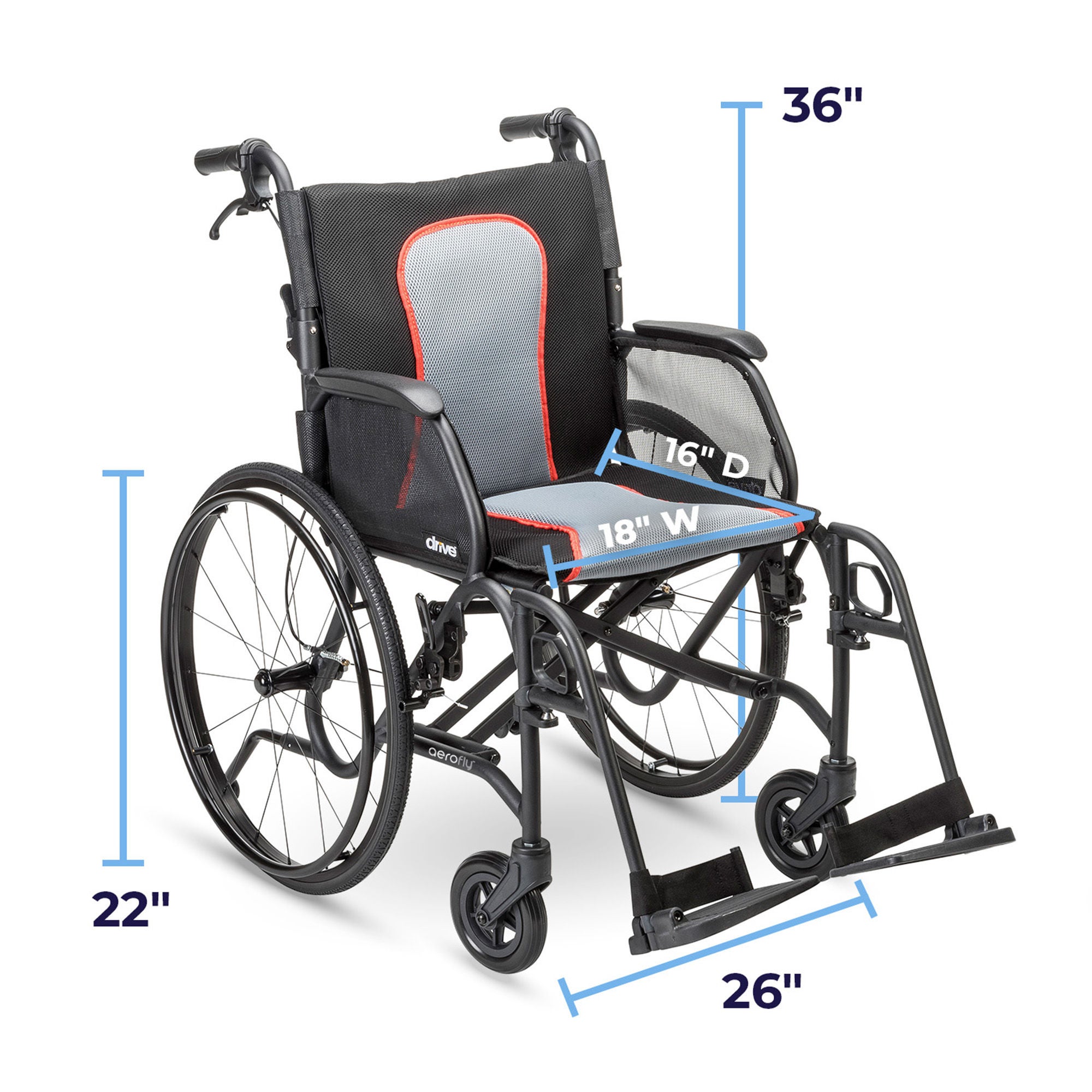 Drive DeVilbiss Healthcare - AF18FDABK-SF Lightweight Wheelchair AeroFly™ Ultra-Lite Desk Length Arm Swing-Away Footrest Black Upholstery 18 Inch Seat Width Adult 250 lbs. Weight Capacity