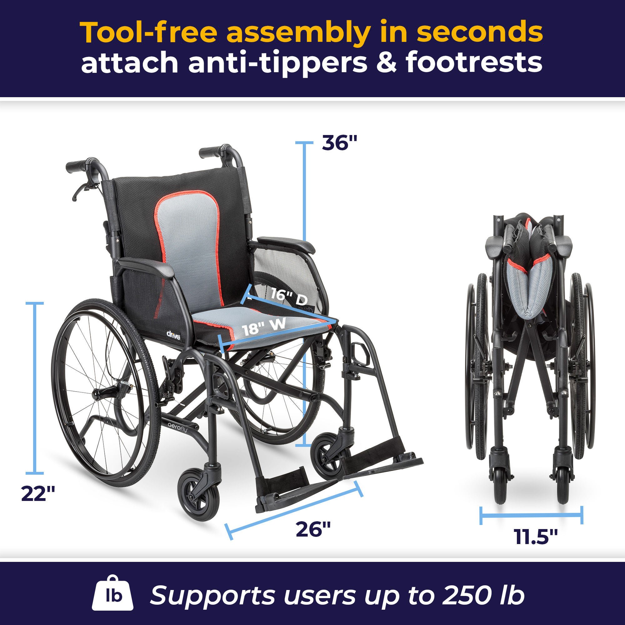 Drive DeVilbiss Healthcare - AF18FDABK-SF Lightweight Wheelchair AeroFly™ Ultra-Lite Desk Length Arm Swing-Away Footrest Black Upholstery 18 Inch Seat Width Adult 250 lbs. Weight Capacity