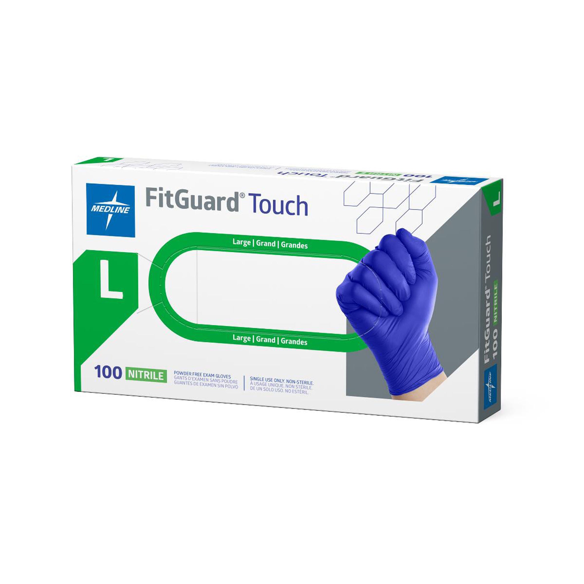 Medline - FG100L Exam Glove FitGuard™ Touch Large 100 per Box NonSterile Nitrile Standard Cuff Length Textured Fingertips Dark Blue Chemo Tested