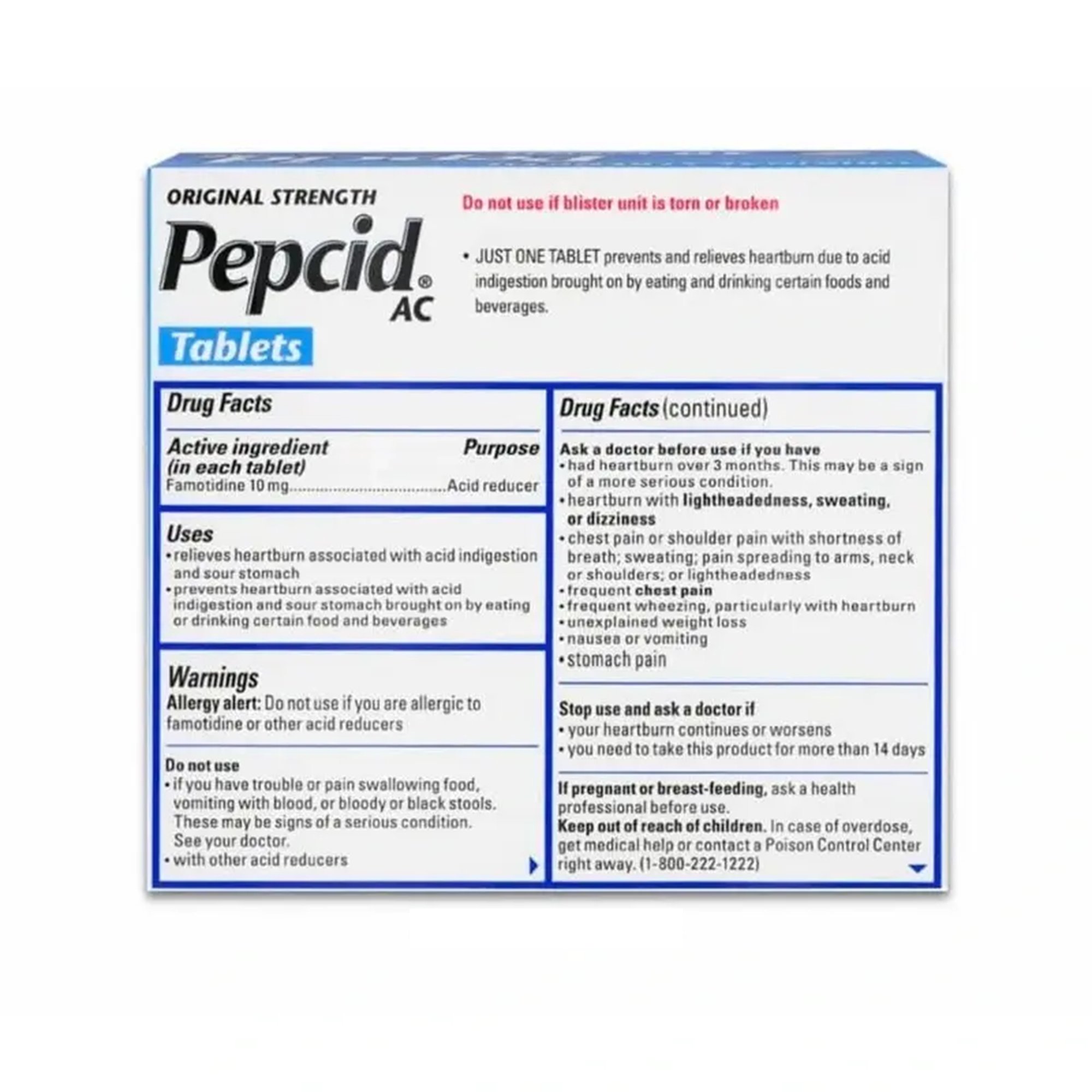 Kenvue Brands LLC 48723000 - Pepcid® AC 10 mg Famotidine Acid Reducer Tablets Original Strength - 30/Box, 1080/Case