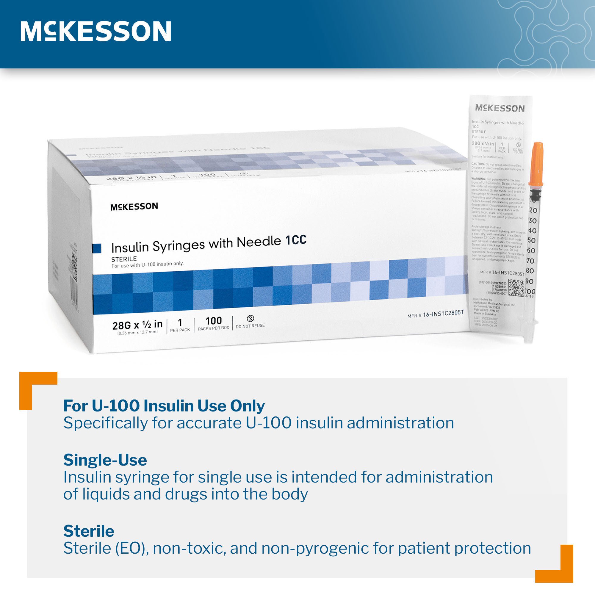 McKesson Brand - 16-INS1C2805T Standard Insulin Syringe with Needle McKesson 1 mL 1/2 Inch 28 Gauge NonSafety