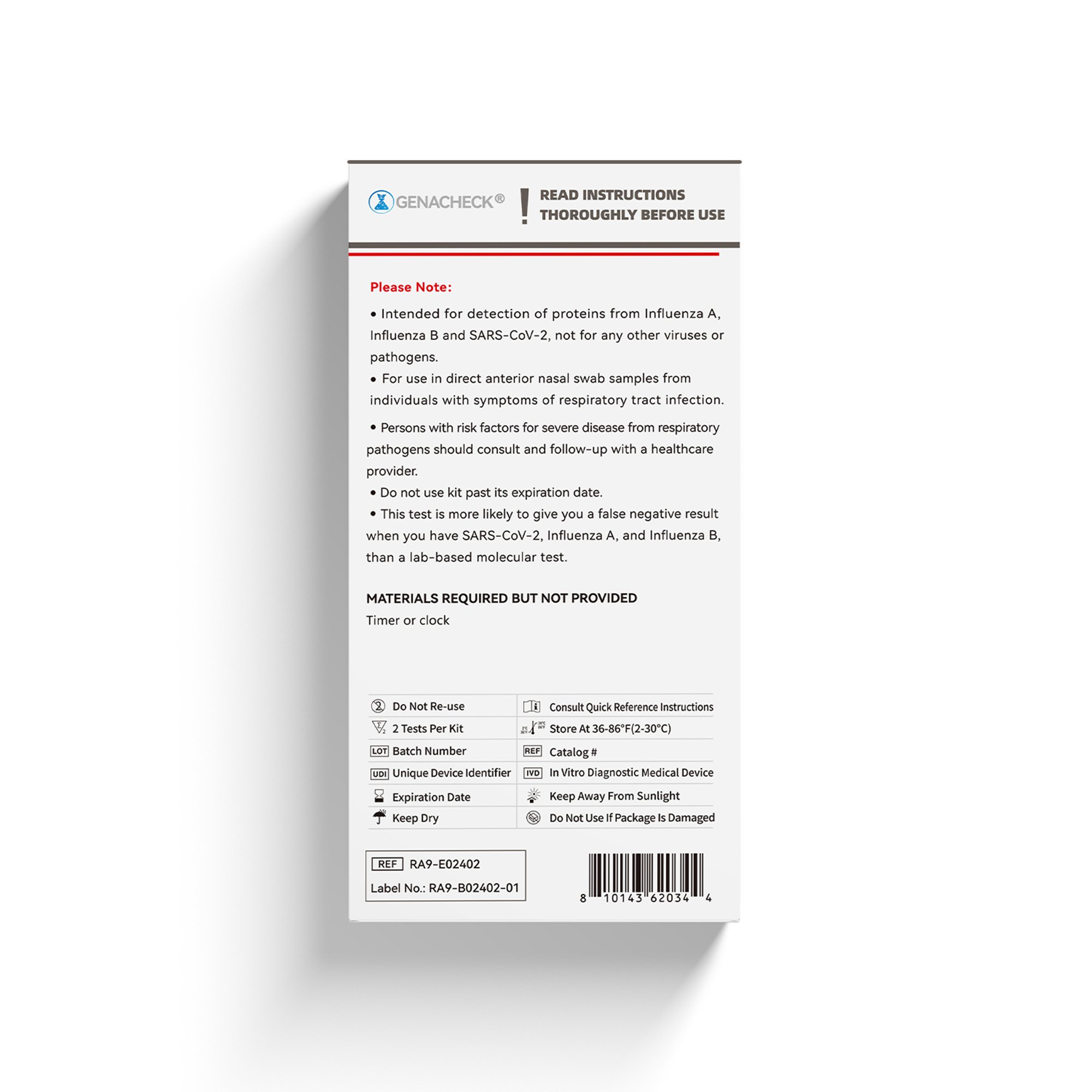 Genabio Diagnostics Inc RA9-E02402 - GenaCheck COVID-19/Flu A & B Rapid Self-Test - 2/Kit, 288/Case