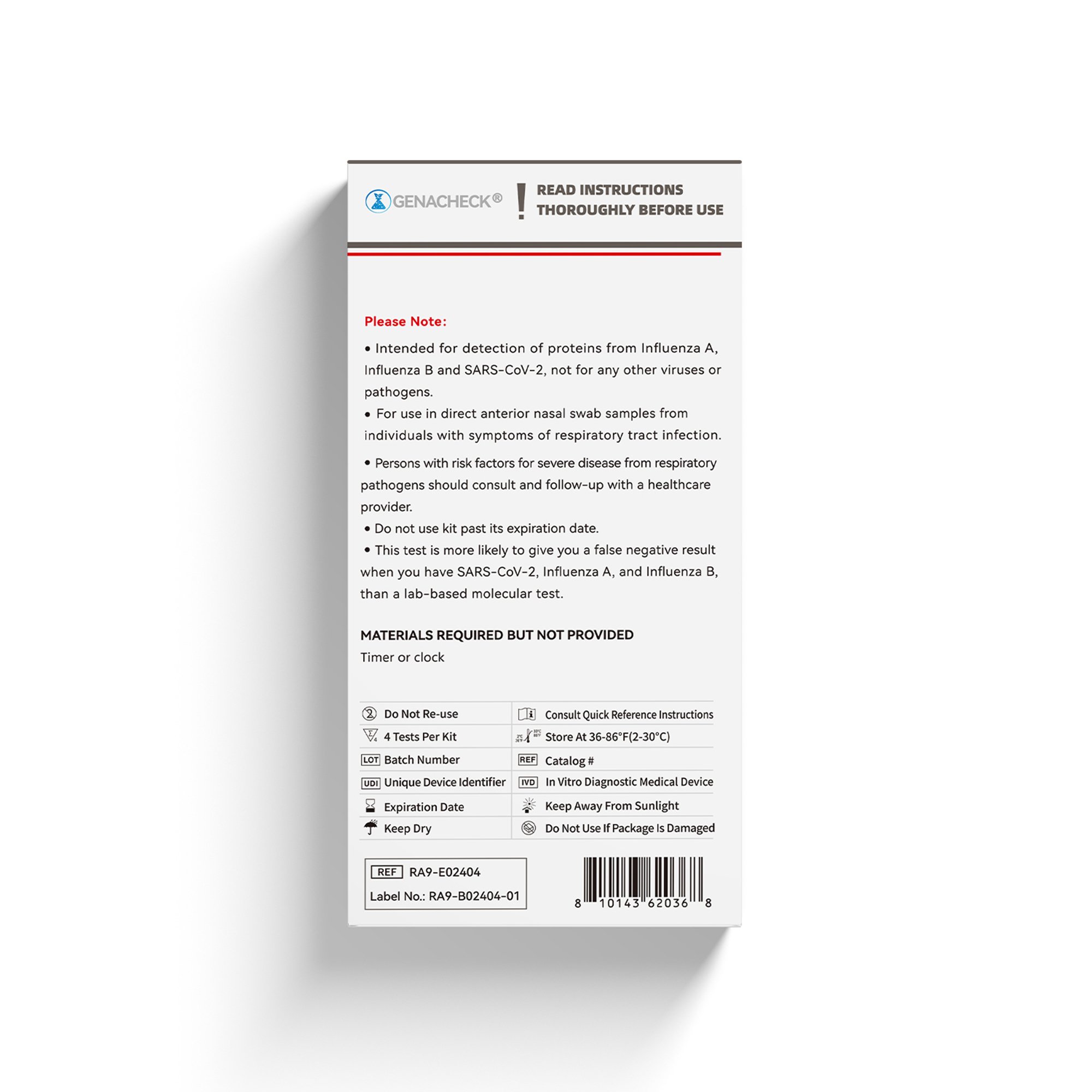 Genabio Diagnostics Inc RA9-E02404 - GenaCheck® COVID-19 / Flu A & B Rapid Self-Test - 4/Kit, 216/Case