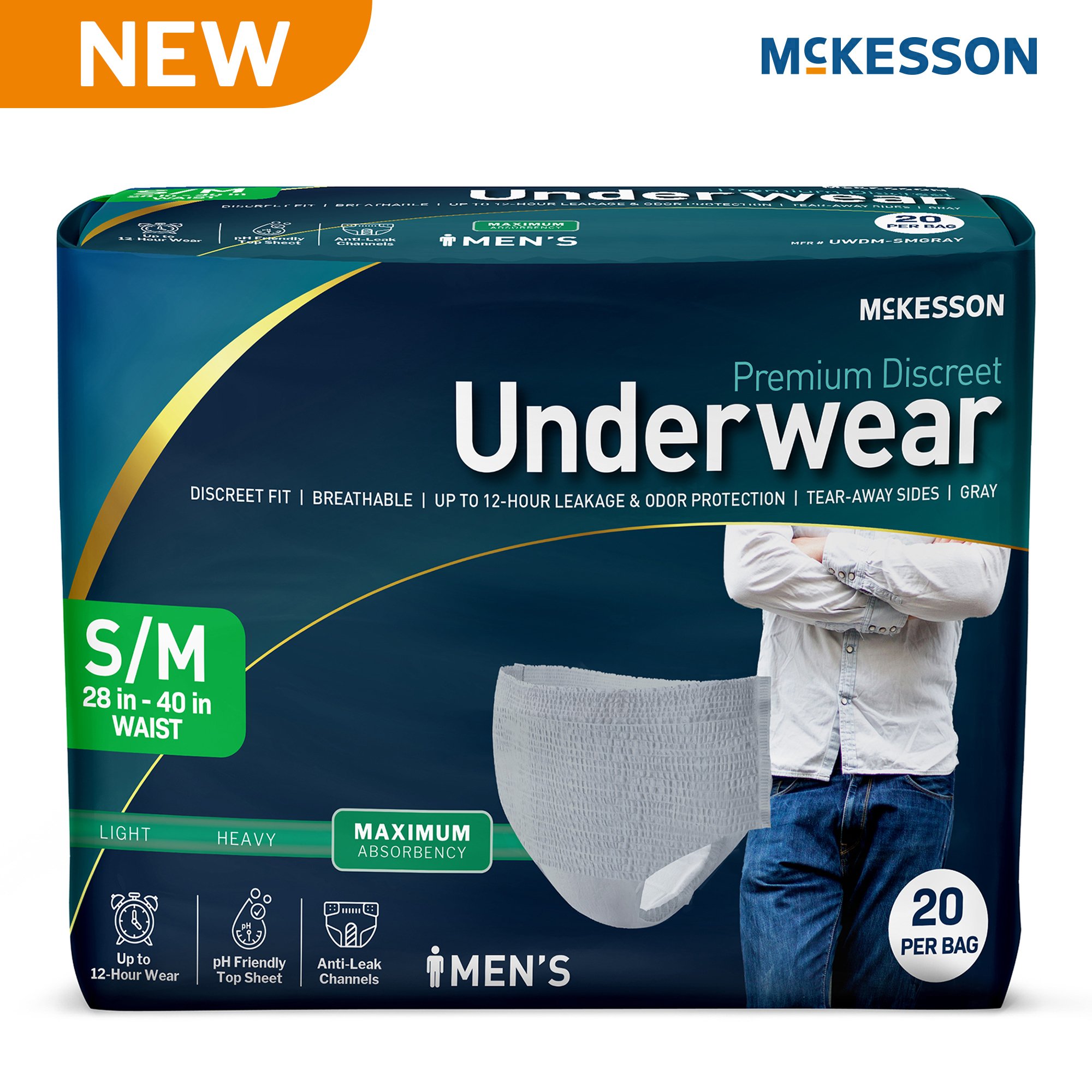 McKesson Brand UWDM-SMGRAY - McKesson Premium Discreet Underwear for Men, Maximum Absorbency, Small/Medium - 20/Bag, 80/Case