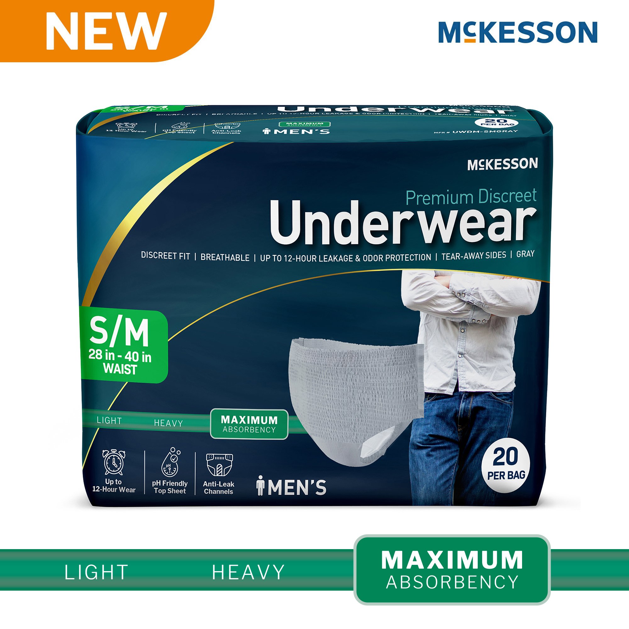 McKesson Brand UWDM-SMGRAY - McKesson Premium Discreet Underwear for Men, Maximum Absorbency, Small/Medium - 20/Bag, 80/Case