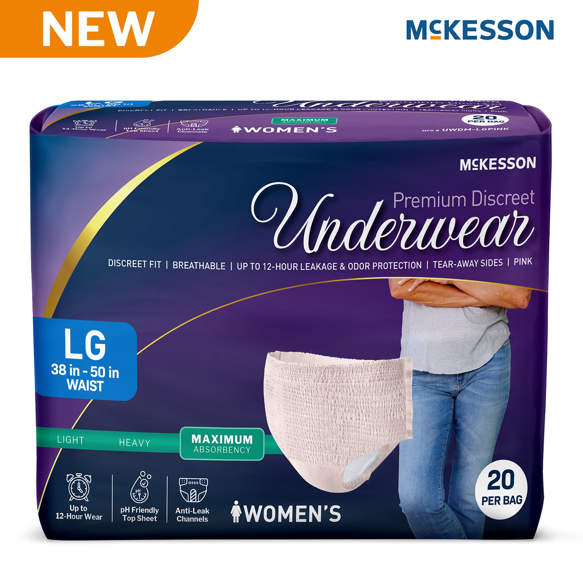 McKesson Brand UWDM-LGPINK - McKesson Premium Discreet Underwear for Women, Maximum Absorbency, Large - 20/Bag, 80/Case