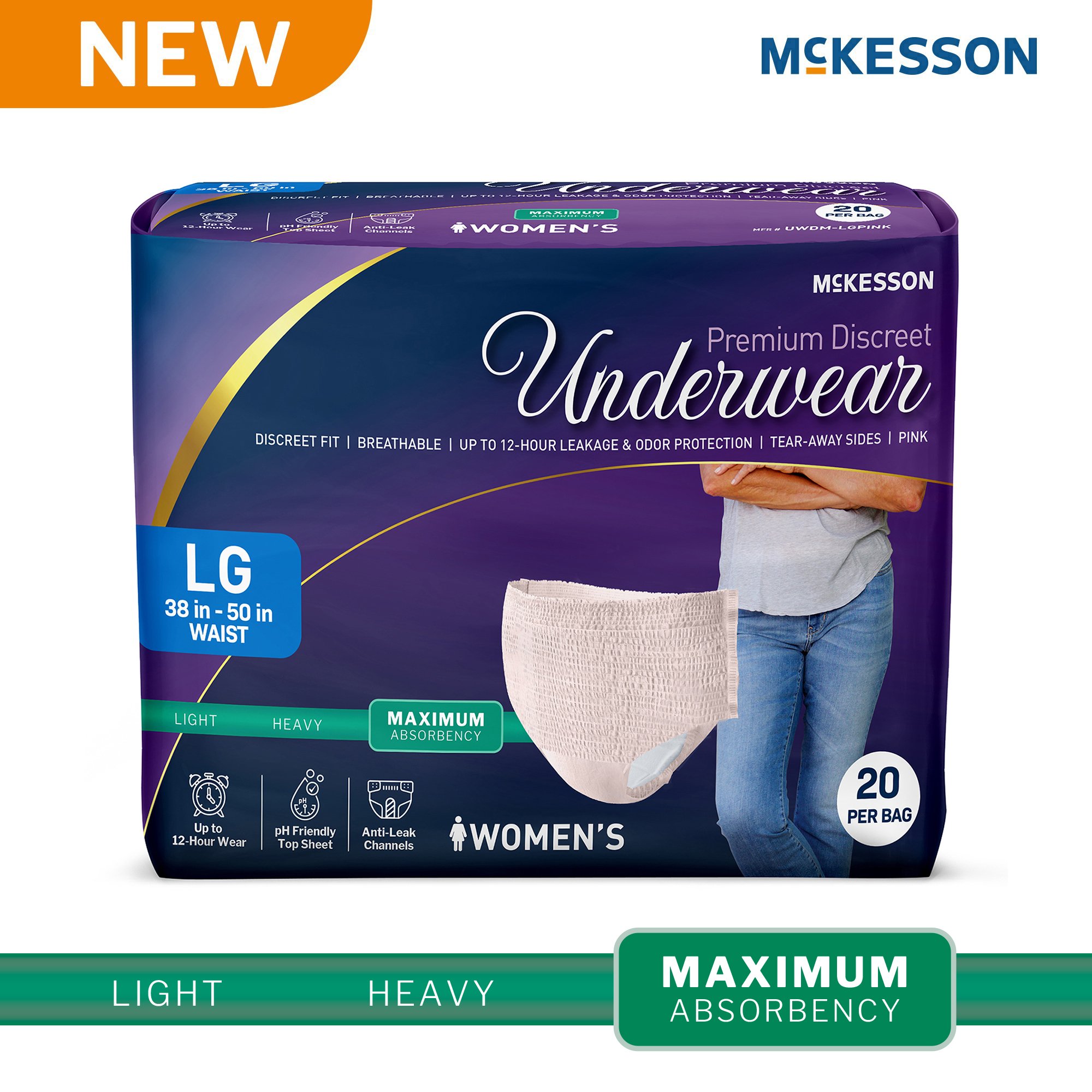 McKesson Brand UWDM-LGPINK - McKesson Premium Discreet Underwear for Women, Maximum Absorbency, Large - 20/Bag, 80/Case