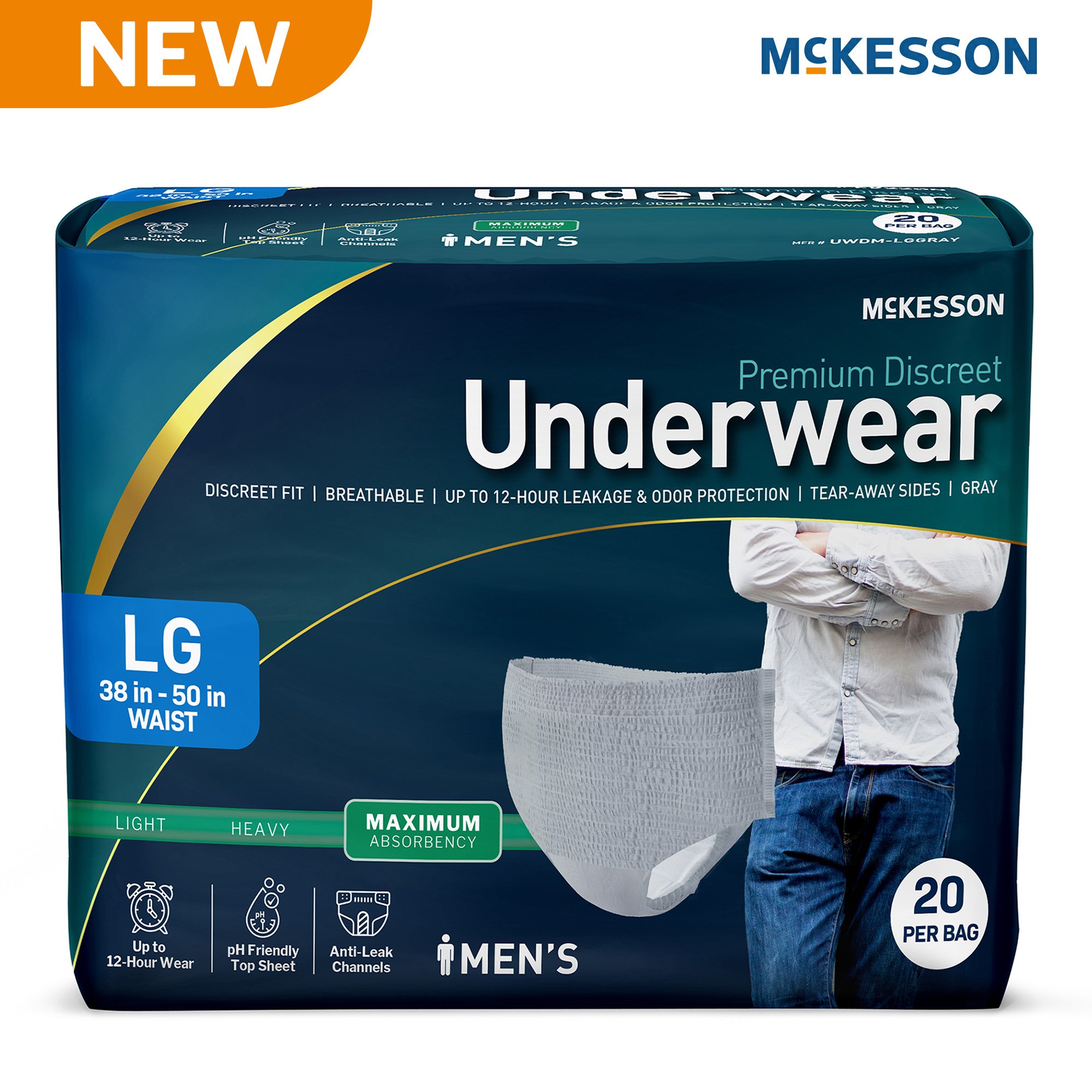McKesson Brand UWDM-LGGRAY - McKesson Premium Discreet Underwear for Men, Maximum Absorbency, Large - 20/Bag, 80/Case