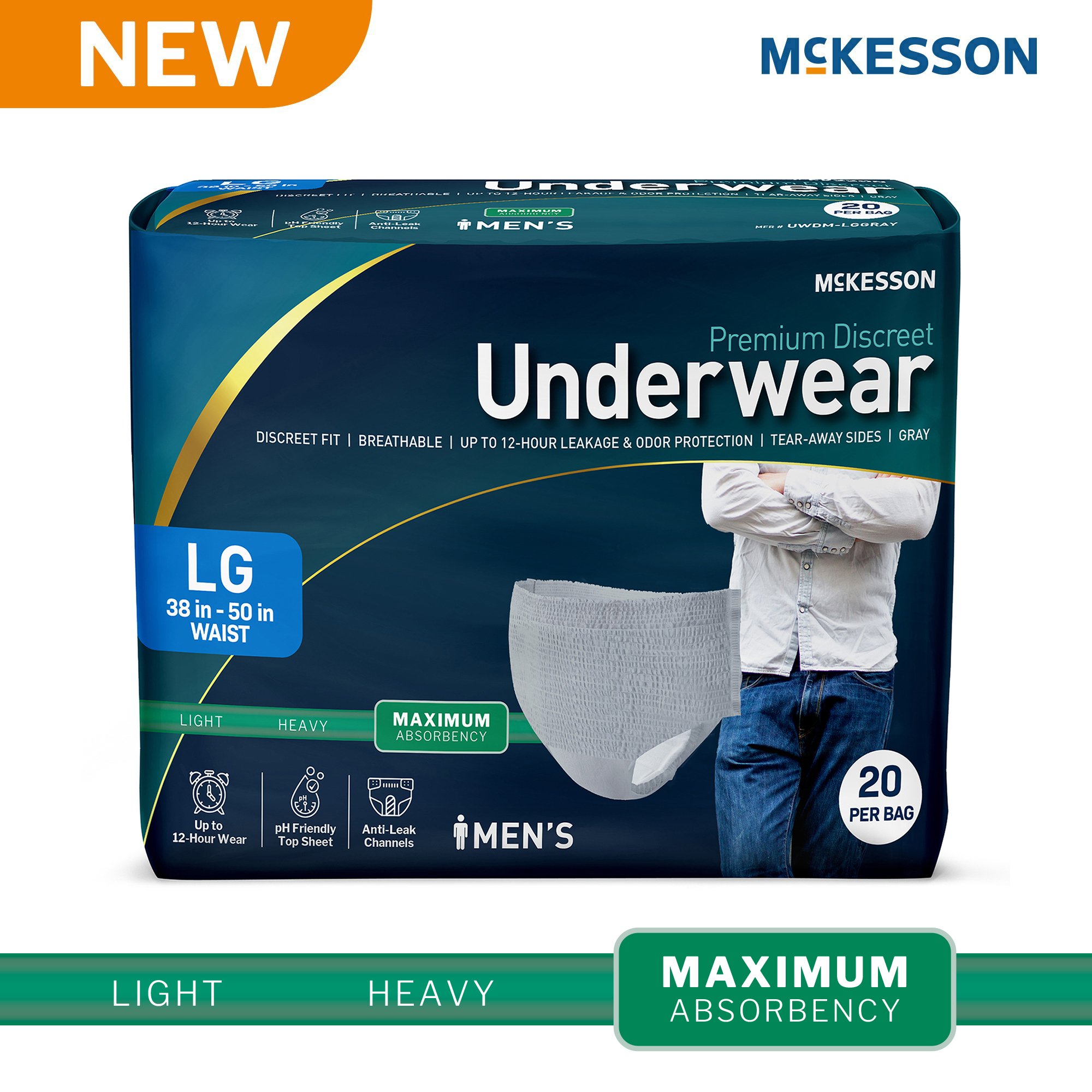 McKesson Brand UWDM-LGGRAY - McKesson Premium Discreet Underwear for Men, Maximum Absorbency, Large - 20/Bag, 80/Case