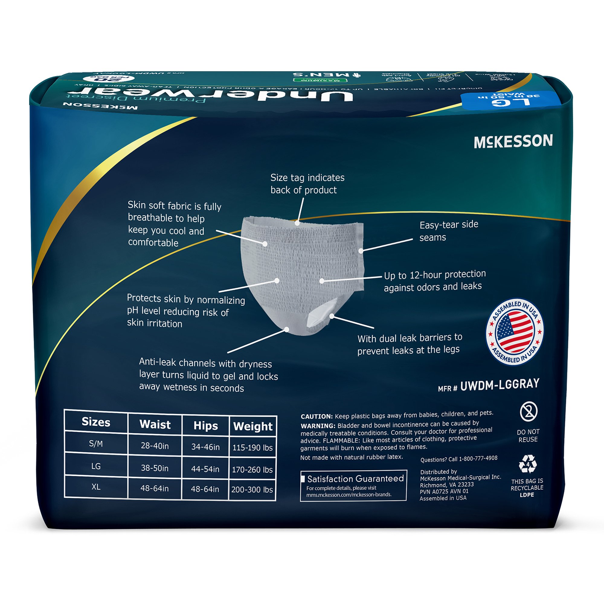 McKesson Brand UWDM-LGGRAY - McKesson Premium Discreet Underwear for Men, Maximum Absorbency, Large - 20/Bag, 80/Case
