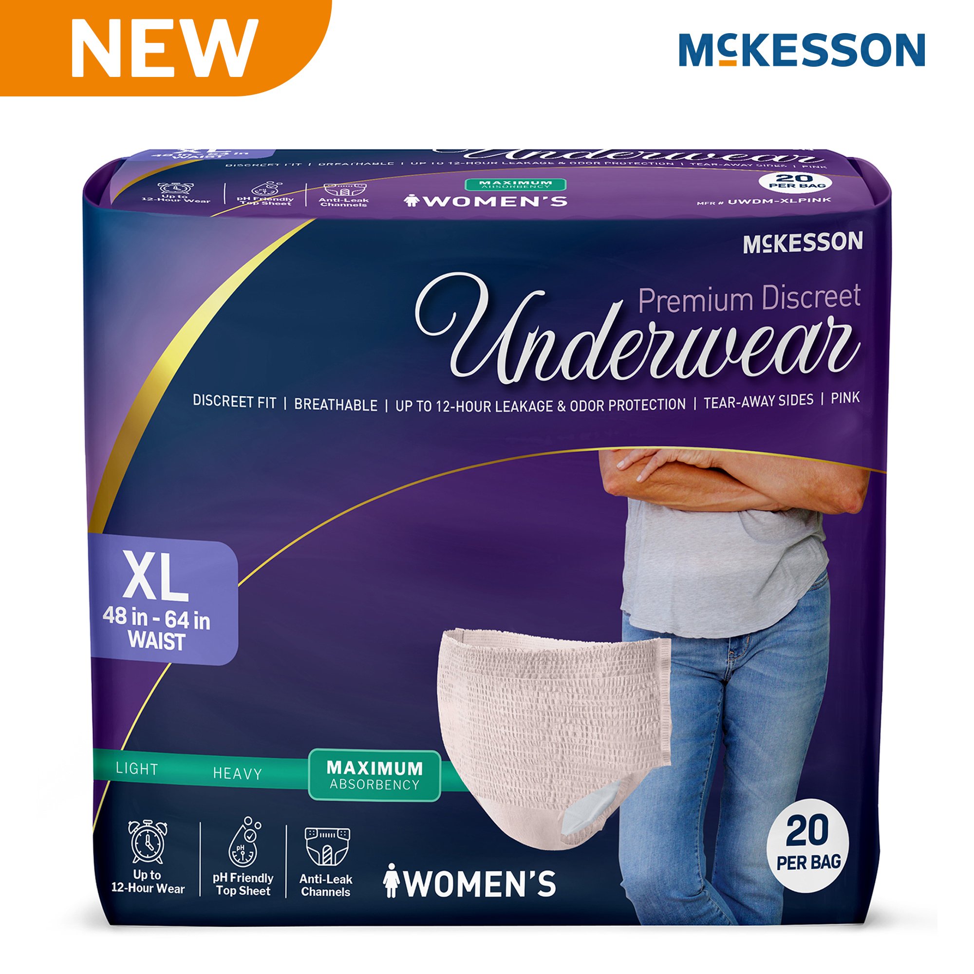 McKesson Brand UWDM-XLPINK - McKesson Premium Discreet Underwear for Women, Maximum Absorbency, Extra-Large - 20/Bag, 80/Case